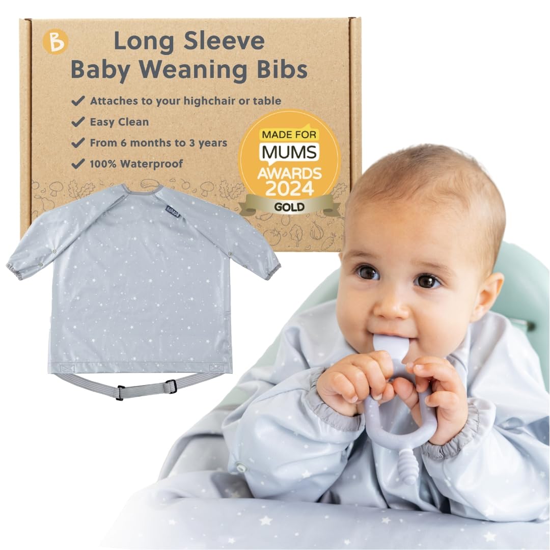 BIBaDO Long Sleeve Baby Bibs - Coverall Weaning Bib with Highchair Strap