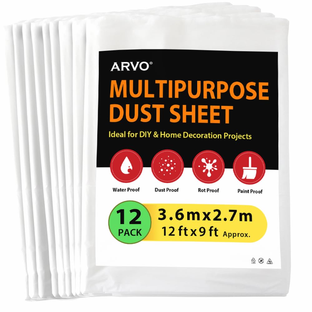 ARVO 6 Pack Extra Large Plastic Dust Sheets for Decorating - 3.6m x 2.75m (12ft x 9ft), Waterproof Polythene for Painting, Furniture, Floor Protection, Ideal with Paint Coveralls