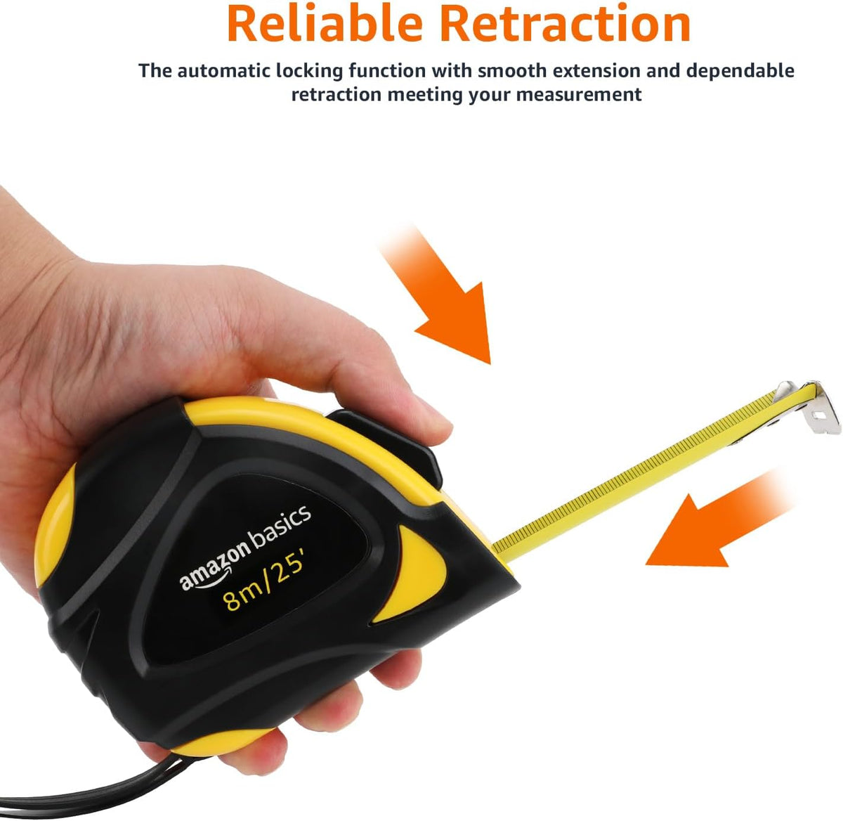 Amazon Basics Self-Locking Tape Measure, MID Accuracy, 7.6 m (2-Pack) meters Scale, Yellow