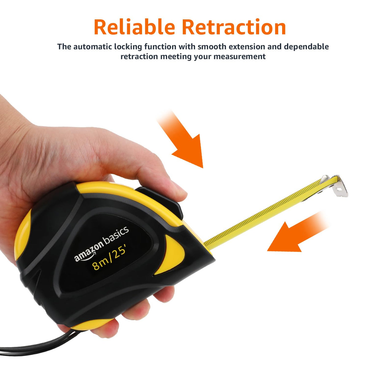 Amazon Basics Self-Locking Tape Measure, MID Accuracy, 7.6 m (2-Pack) meters Scale, Yellow