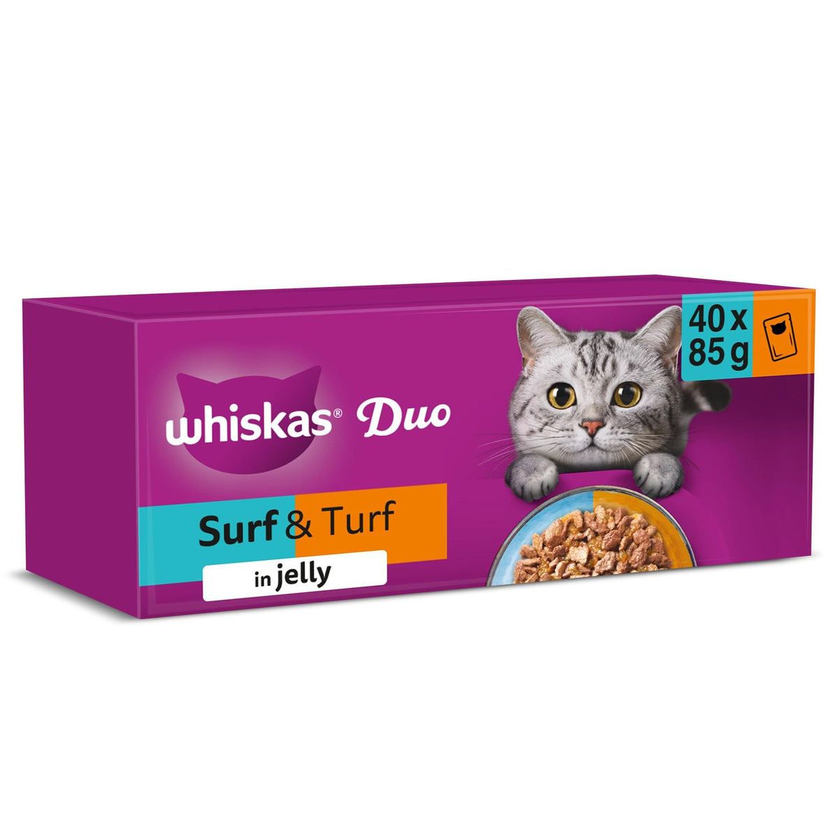 WHISKAS DUO Adult Wet Cat Food in Jelly 12x85g Surf & Turf (Pack of 4)