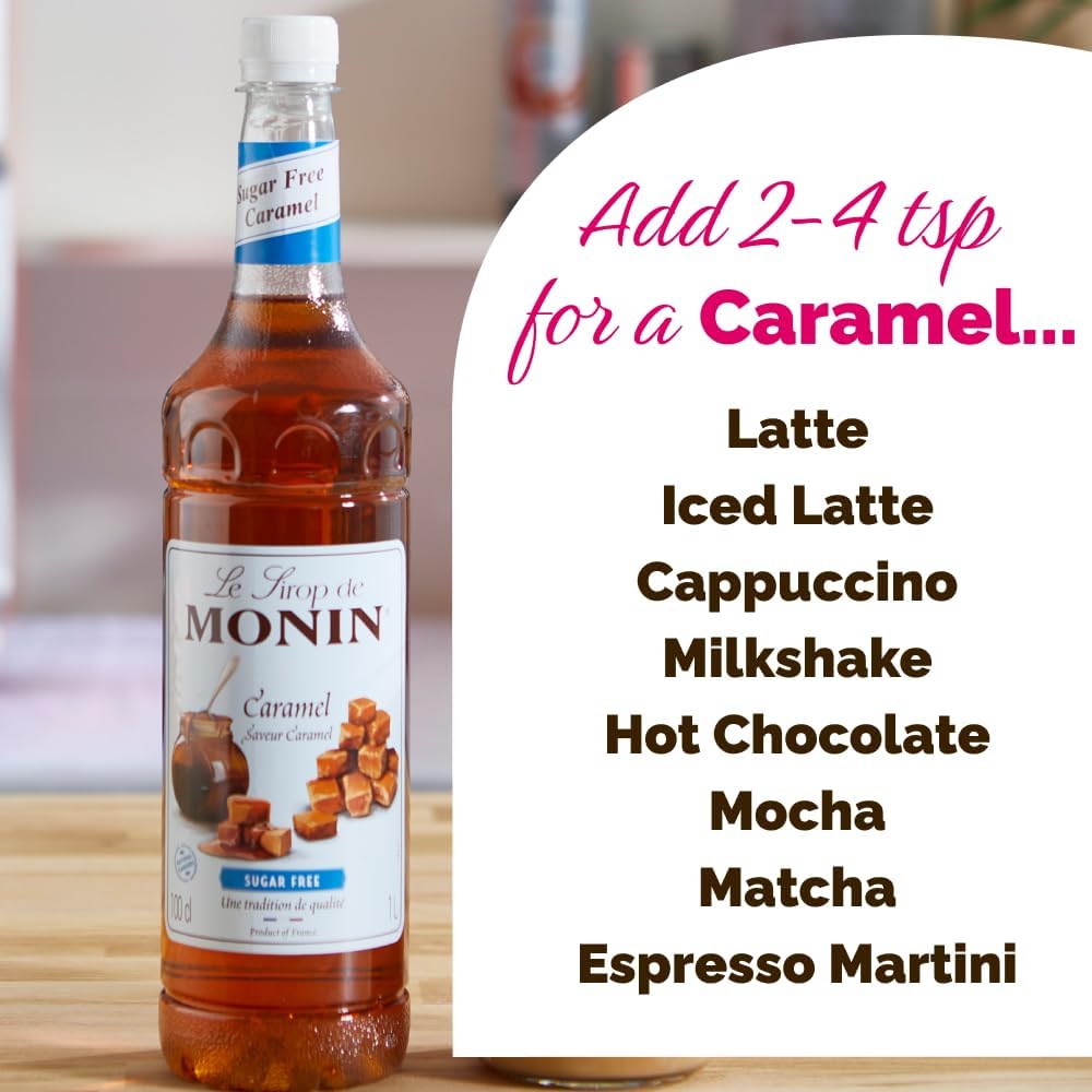 MONIN Premium Caramel Sugar Free Syrup 1L for Coffee and Cocktails. Vegan-Friendly, Allergen-Free, 100 Percent Natural Flavours and Colourings. Sugar-Free Coffee Syrup