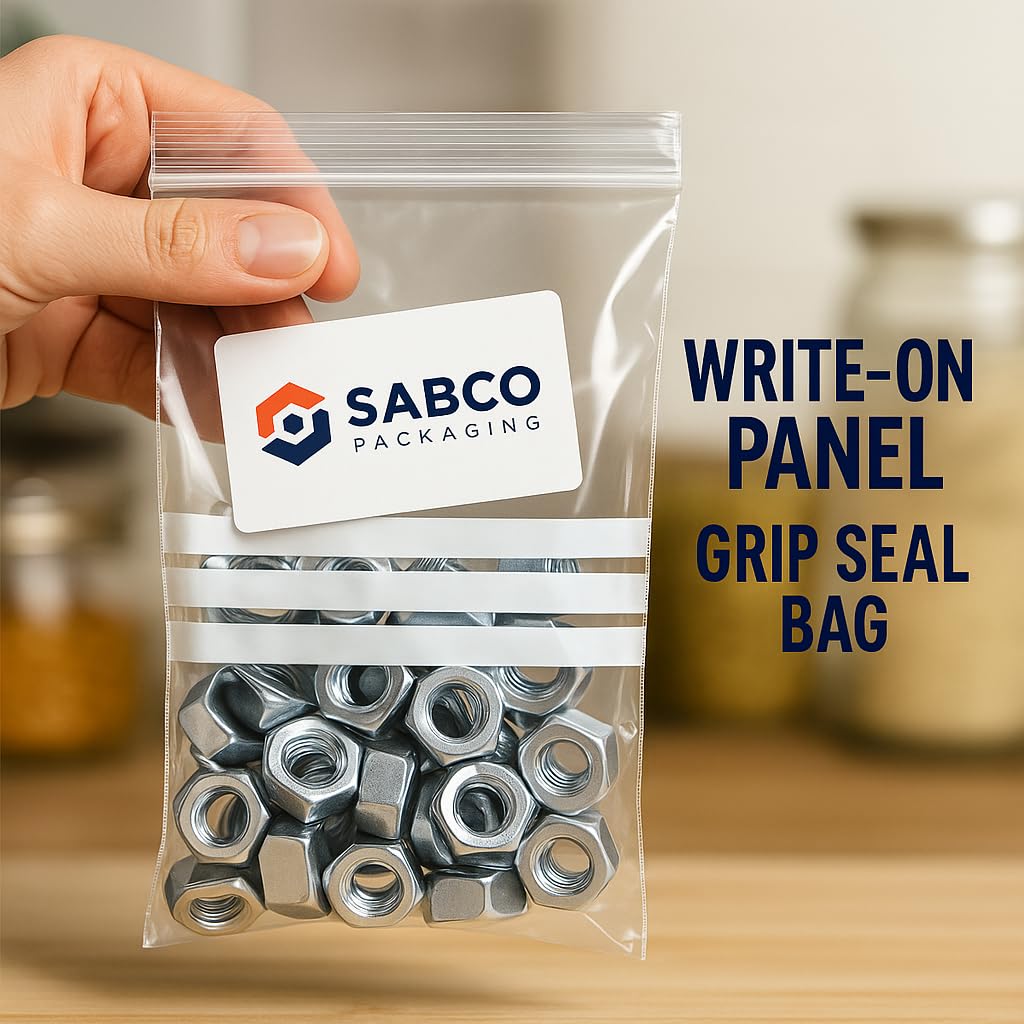 Grip Seal Bags with Write On Panel - 3" x 7.5" Clear Resealable Plastic Bags for Storage & Packaging (100 Pack) - Sabco