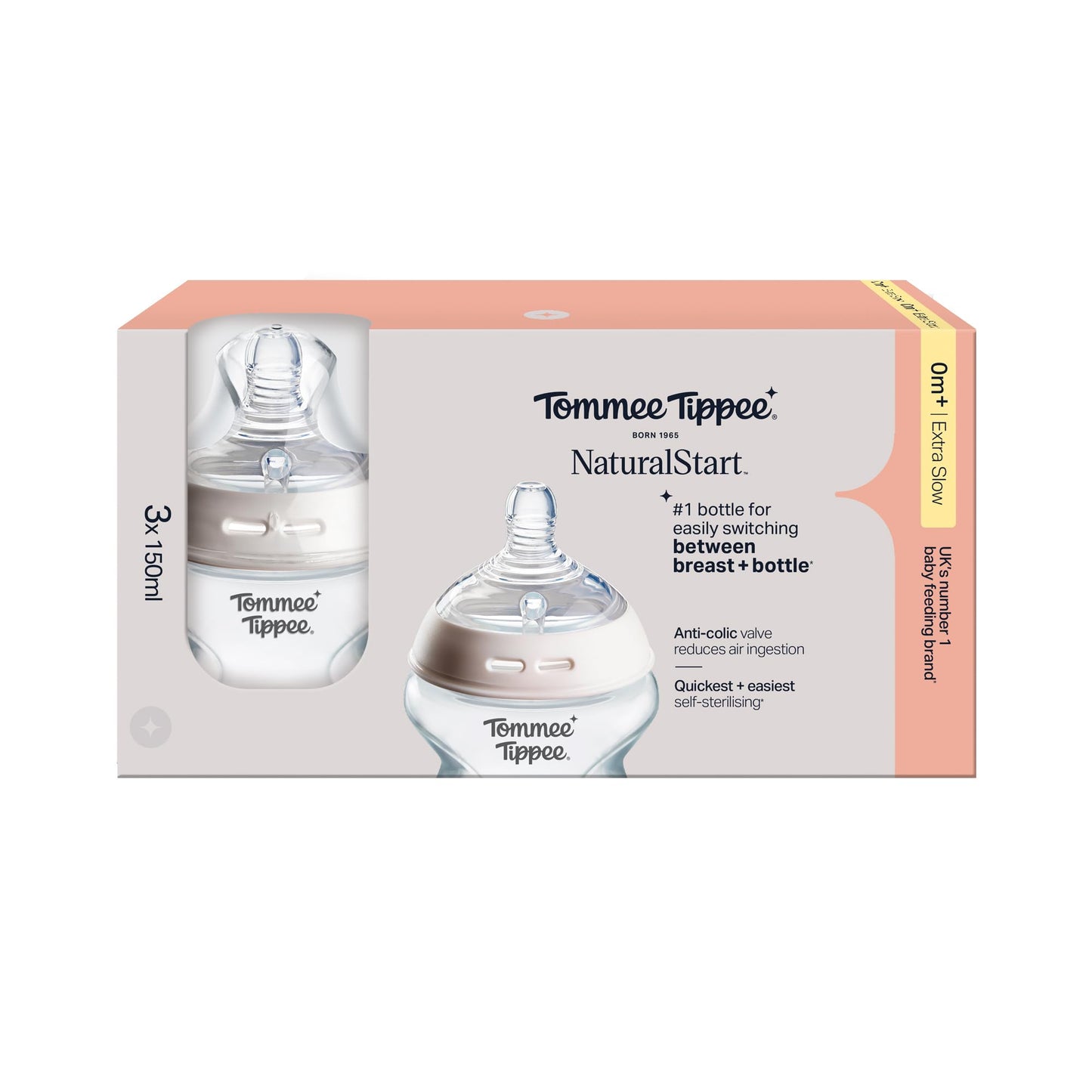 Tommee Tippee Baby Bottles, Natural Start Anti-Colic Baby Bottle with Extra-Slow Flow Breast-Like Teat, 150ml, 0m+, Self-Sterilising, Baby Feeding Essentials, Pack of 3