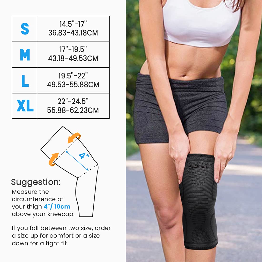 AVIDDA Knee Support Brace 2 Pack - Compression Knee Sleeves for Arthritis, Joint Pain, Ligament Injury, Meniscus Tear, ACL, MCL, Tendonitis, Running, Squats, Sports