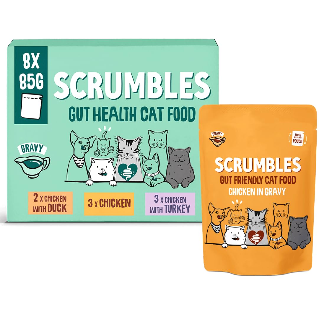 Scrumbles • Wet Cat Pouches • Poultry Jelly • Hypoallergenic • All Lifestages • 2xChicken with Duck • 3x Chicken • 3x Chicken with Turkey • 8 Pouches (85g) • 80%+ Meat • Prebiotics