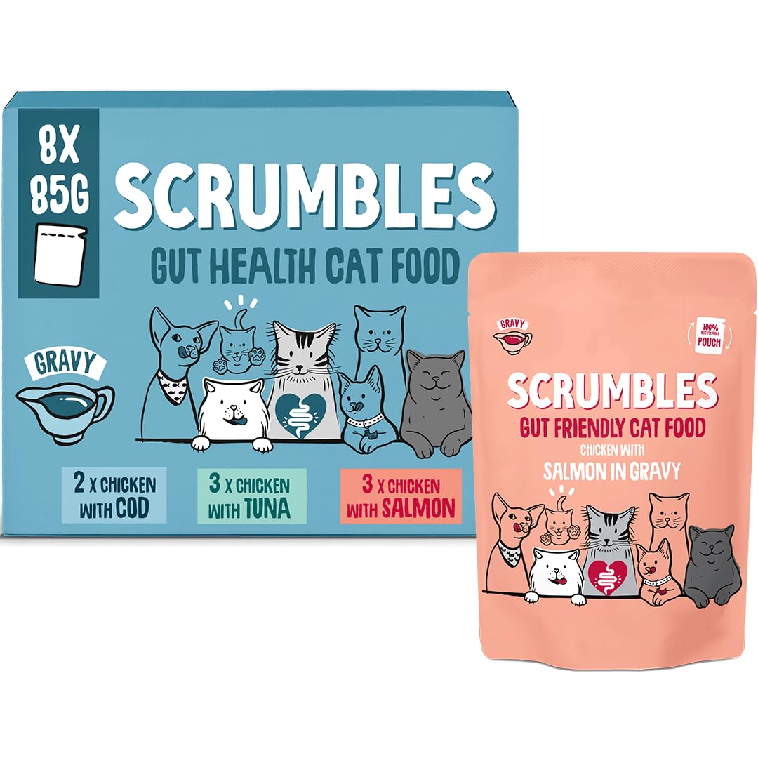 Scrumbles • Wet Cat Pouches • Poultry Jelly • Hypoallergenic • All Lifestages • 2xChicken with Duck • 3x Chicken • 3x Chicken with Turkey • 8 Pouches (85g) • 80%+ Meat • Prebiotics