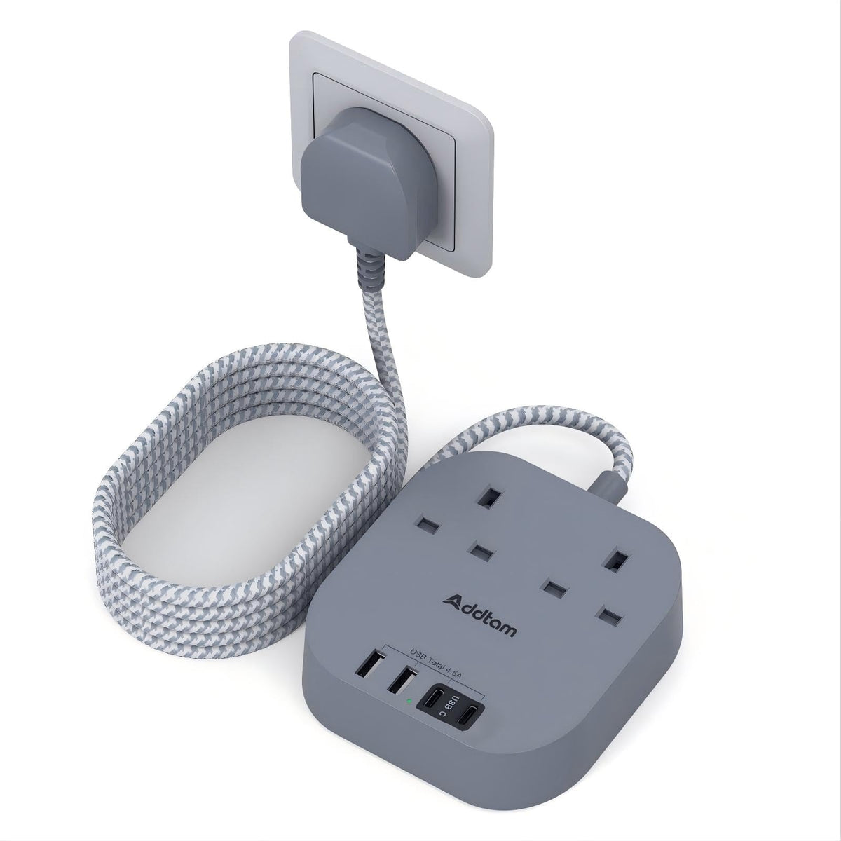 Addtam 3M Extension Lead with USB Slots, Power Strips with 2AC Outlets 4USB