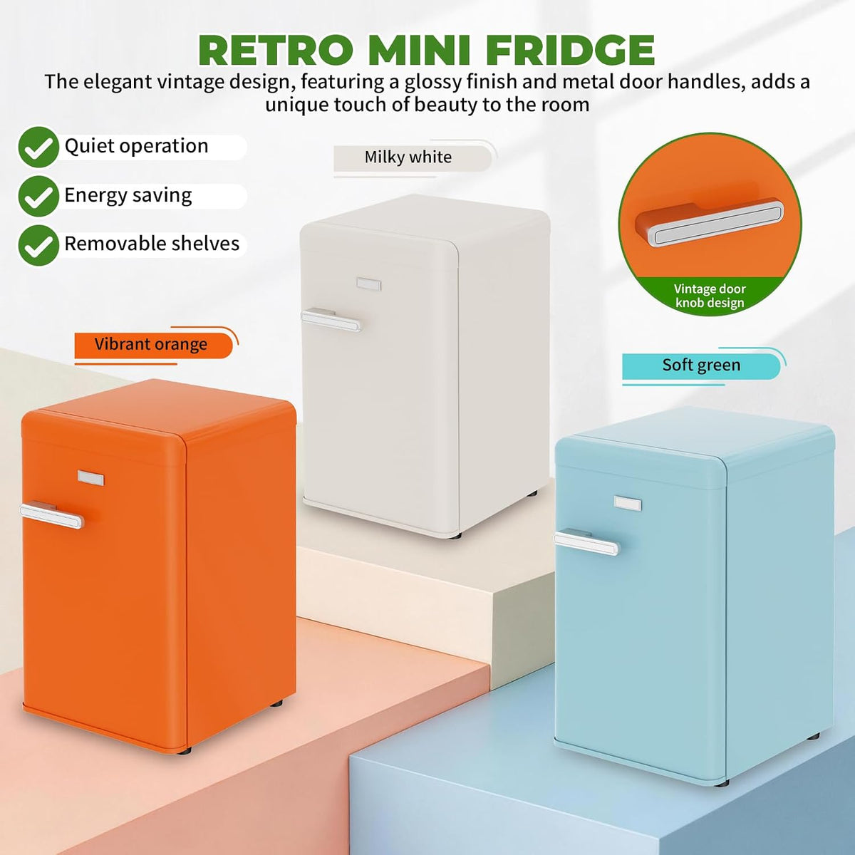 LIKEEM Retro Mini Fridge 72L, 43dB Quiet, Vintage LED Cooler, 7 Temp