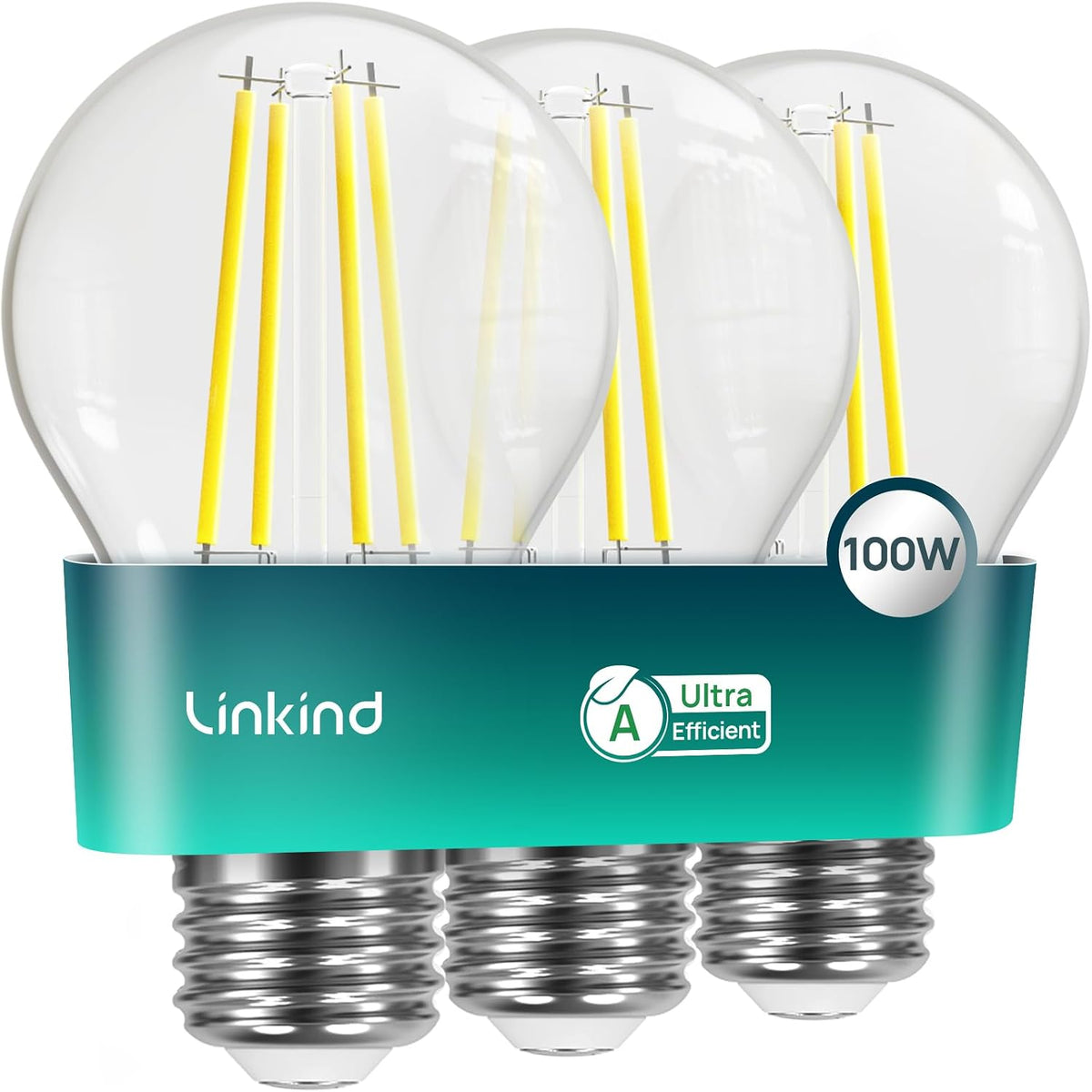 Linkind E27 LED Bulb, Ultra-efficient A-Rated 7.2W=100W Equivalent, 2700K Warm White 1521lm, Edison Screw in Light Bulb, Clear Glass Vintage Filament LED Bulb, 50000H Lifespan, 6 Pack