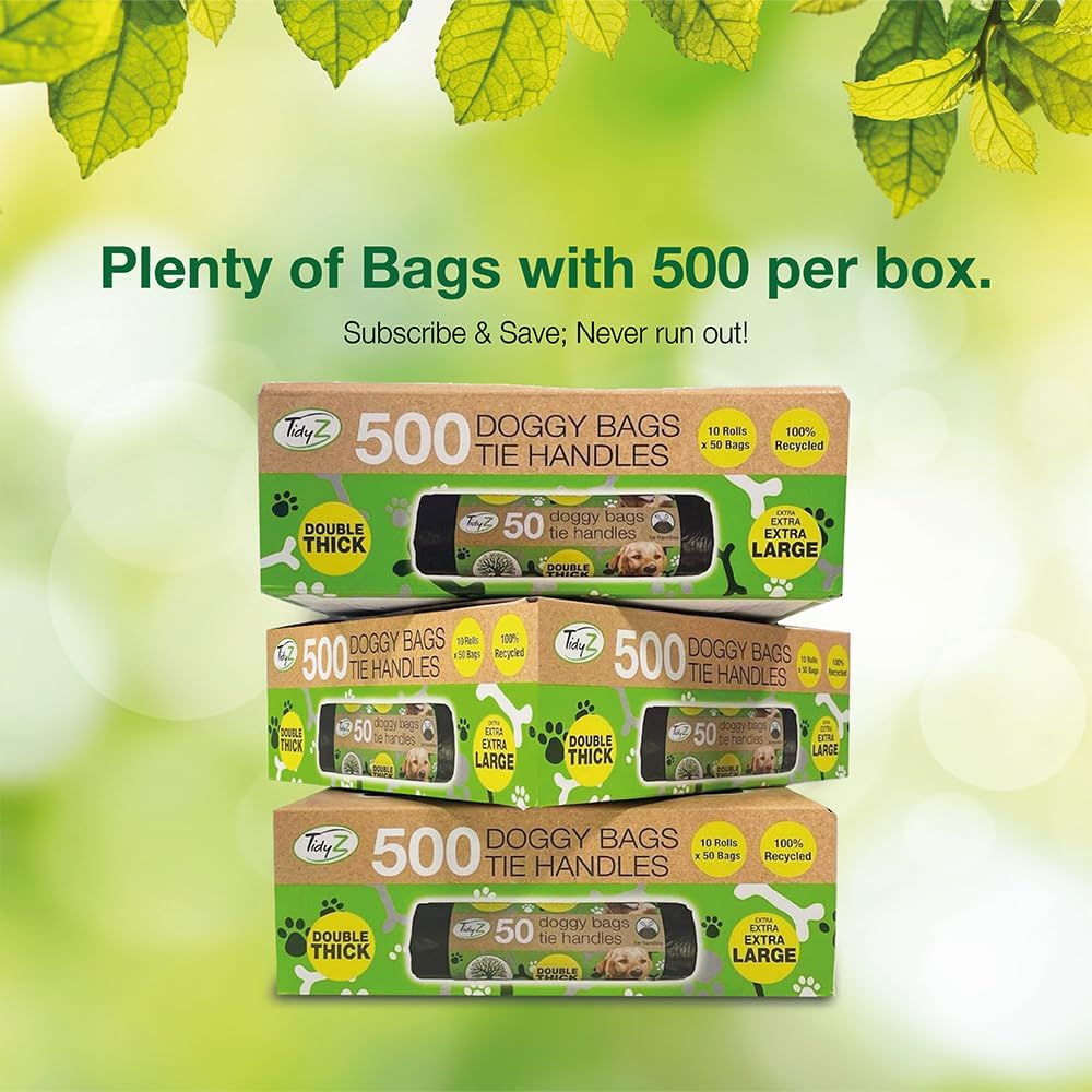 500 TidyZ Dog Poo Bags. Made from 100% Recycled Plastic. Extra Strong, 30 × 36 cm Extra Large Pet Waste Bags. Tie Handles. On a Roll. Unscented. Leakproof. 10 rolls of 50