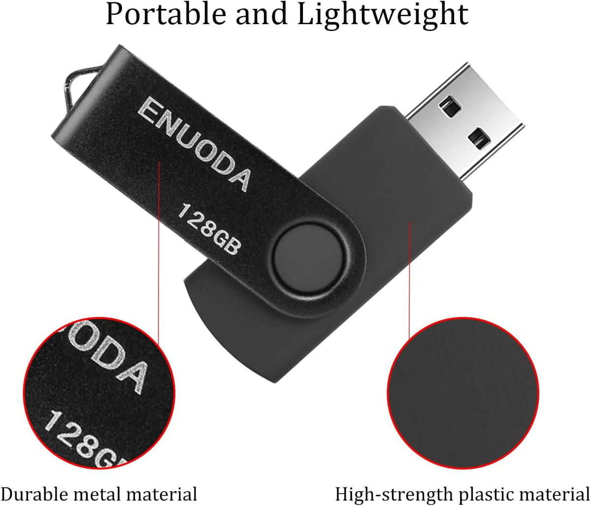 ENUODA Memory Stick 128GB USB 2.0 Flash Drives Swivel Design Storage Thumb Drive Pen Drive (Black)