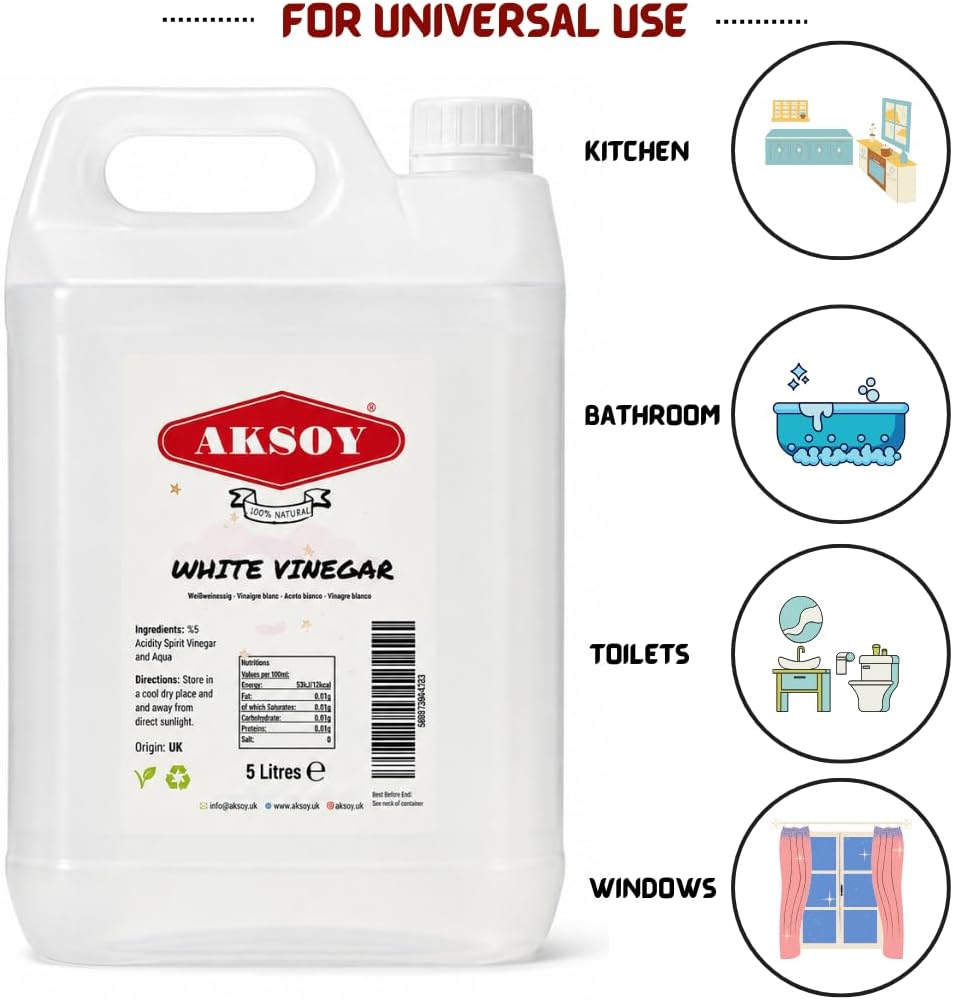 Aksoy Distilled White Spirit Vinegar 5L | Ideal for Cleaning, Pickling, Marinating, Cooking & Natural Weed Control – Multi-Purpose, Descaling & Odour Removal