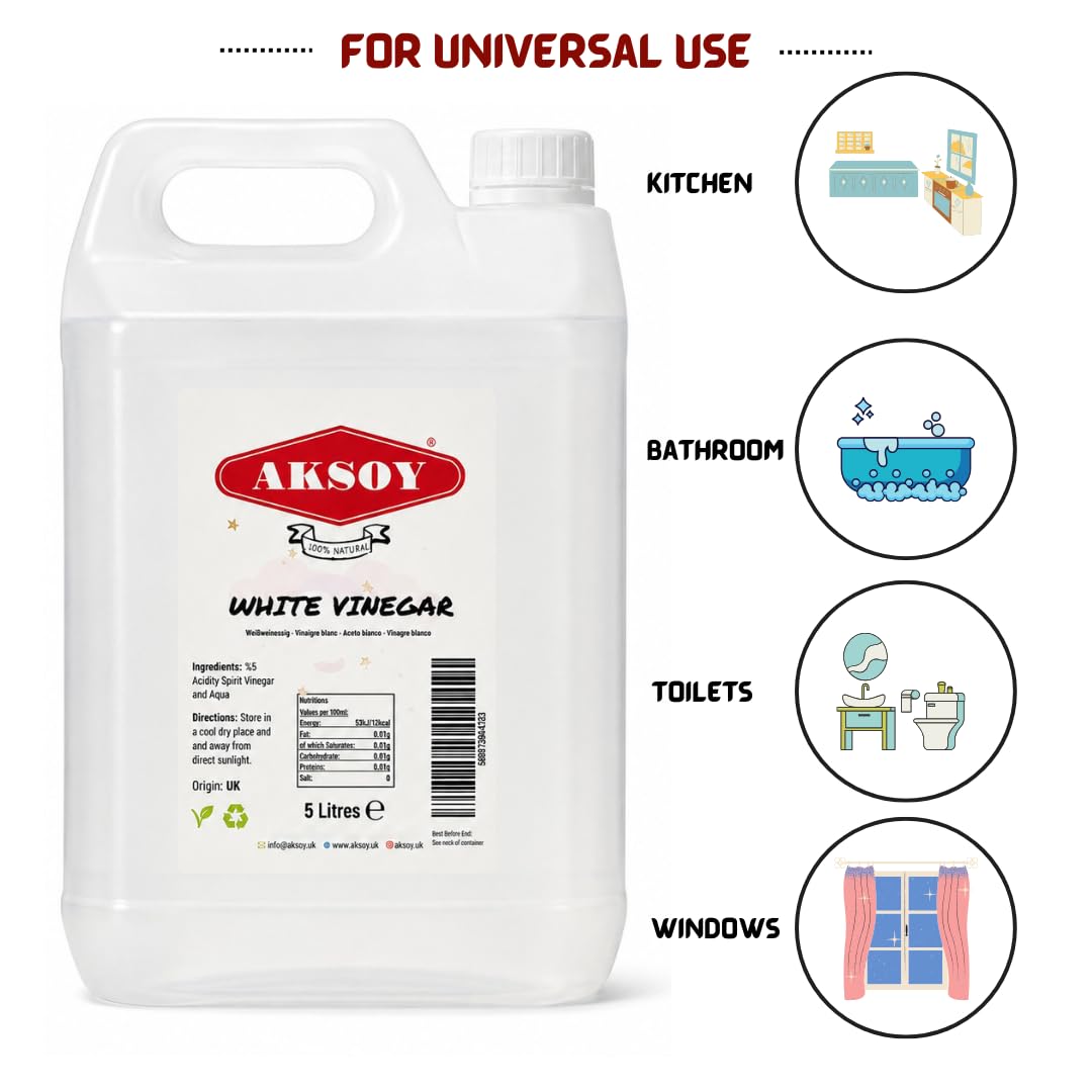 Aksoy Distilled White Spirit Vinegar 5L | Ideal for Cleaning, Pickling, Marinating, Cooking & Natural Weed Control – Multi-Purpose, Descaling & Odour Removal