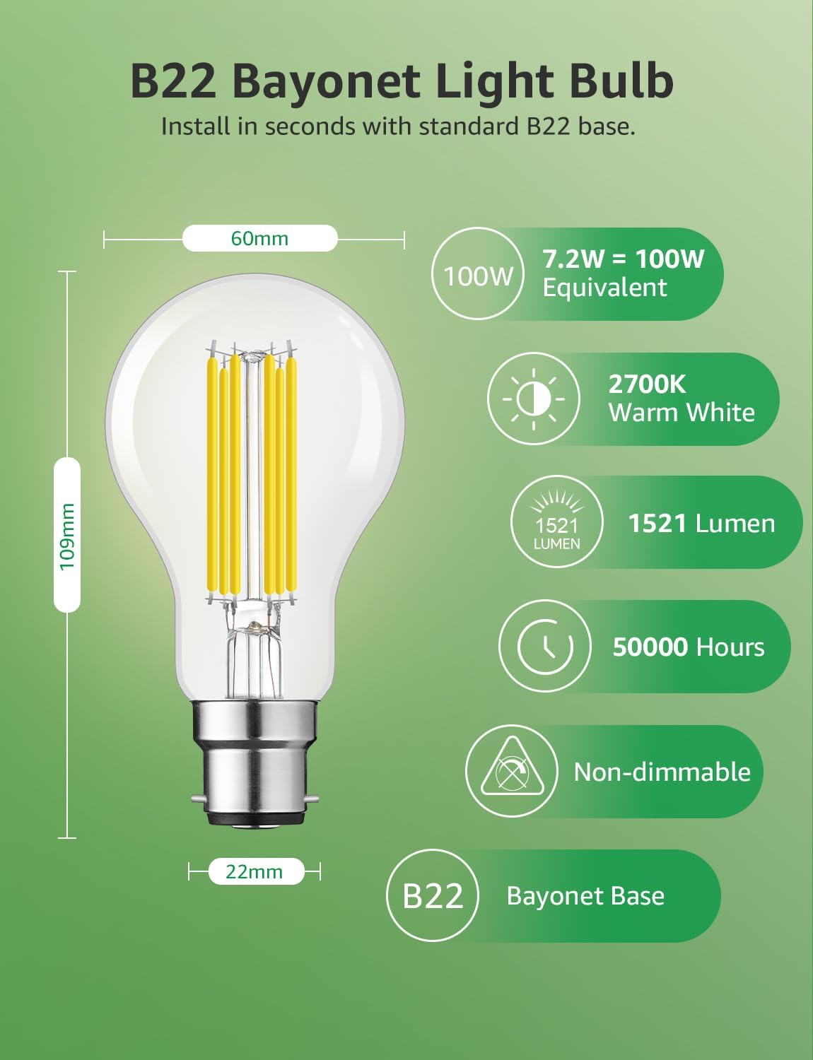 Lepro 1520lm Bayonet Light Bulb A-Rated, 7.2W = 100W, Warm White, Pack of 4