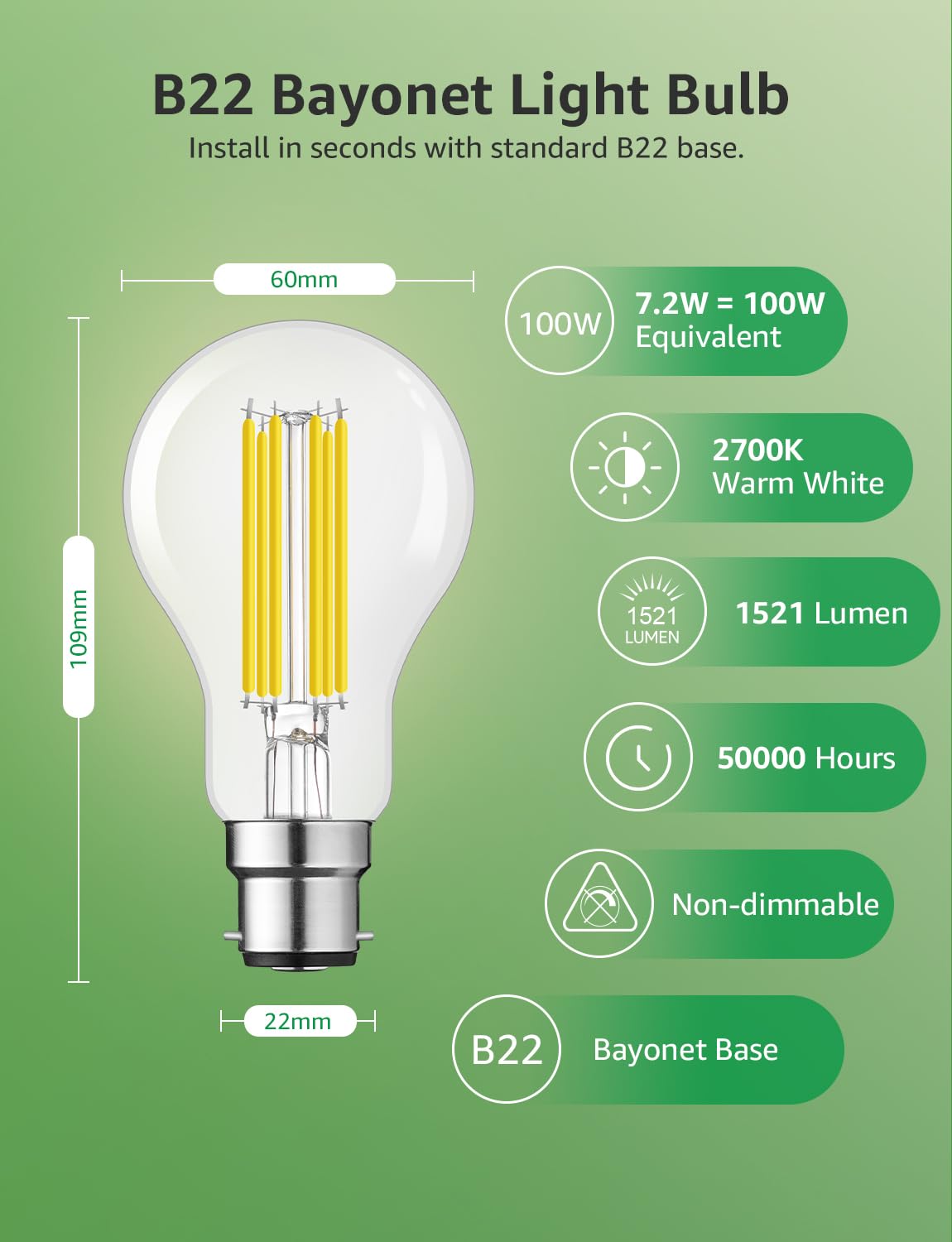 Lepro 1520lm Bayonet Light Bulb A-Rated, 7.2W = 100W, Warm White, Pack of 4
