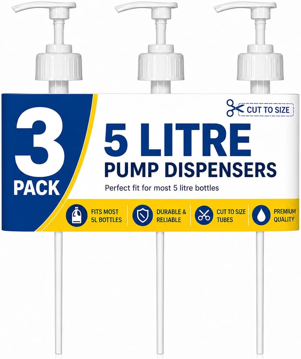 5 Litre Pump Dispenser for 5 Litre Container - 38mm Screw Top with 23cm Tube, 4ml Dose Push Down Pelican Pump for Shampoo, Soap, Syrup & Cleaning Liquids, Accurate & Durable Dispenser (3 PACK)