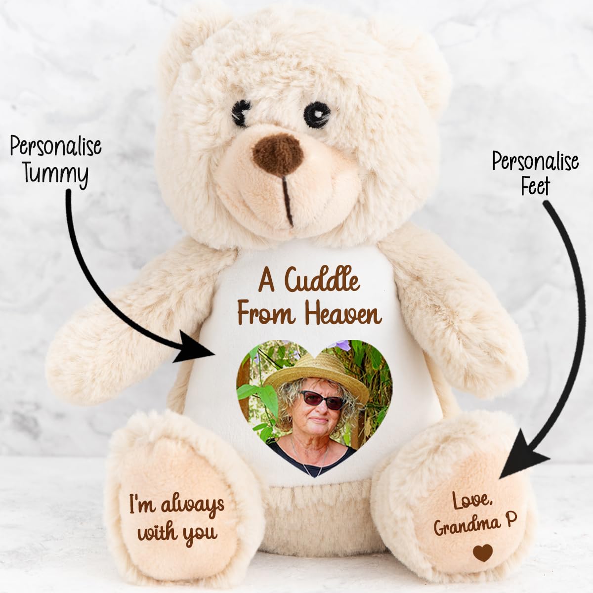 Personalised Memory Teddy Bear with Heart-Shaped Photo – “A Cuddle From Heaven” Keepsake Gift – 28 Bear Styles – Add Your Text & Choose Colour – Custom Memorial Bear (White Angel Teddy)