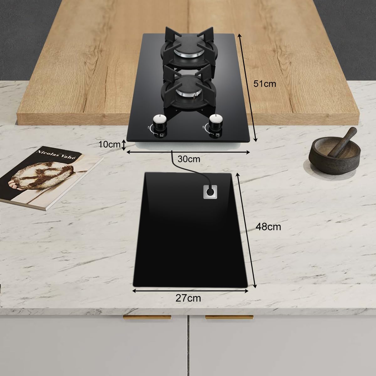 SNDOAS Gas Hob 4 Burners, NG/LPG Convertible, Built-in Black Glass Gas Hob with Wok Burner, Flame Failure Protection, 8000W, YYUKGCT-B04