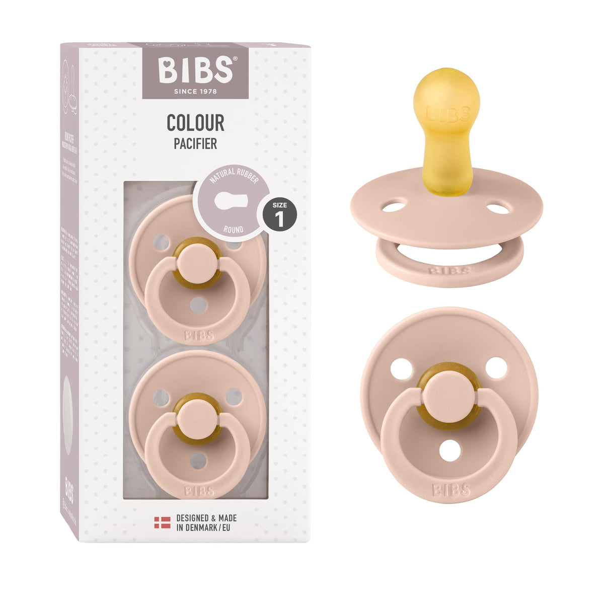 BIBS Colour Soother 2-Pack, BPA Free Dummy Pacifier, Round Nipple. Natural Rubber Latex, Made in Denmark, Size 2 (6-18 Months), Baby Blue