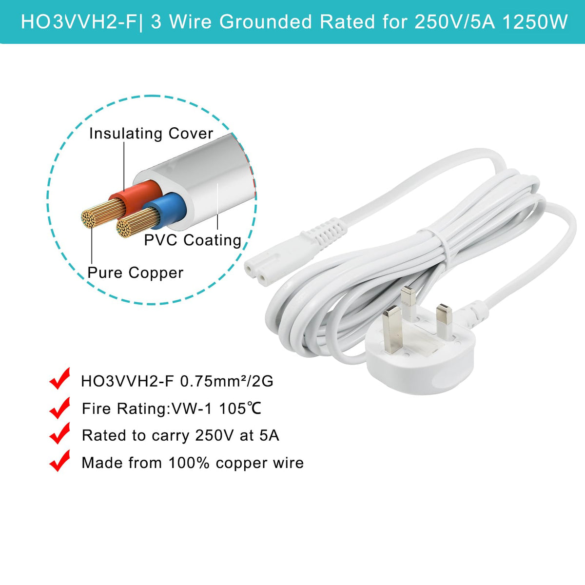 power 5M UK 3PIN Plug to IEC C7 Figure 8 Replacement Mains Cable Compatible with PS5, Xbox Series X, tv, Samsung, LG, Sony