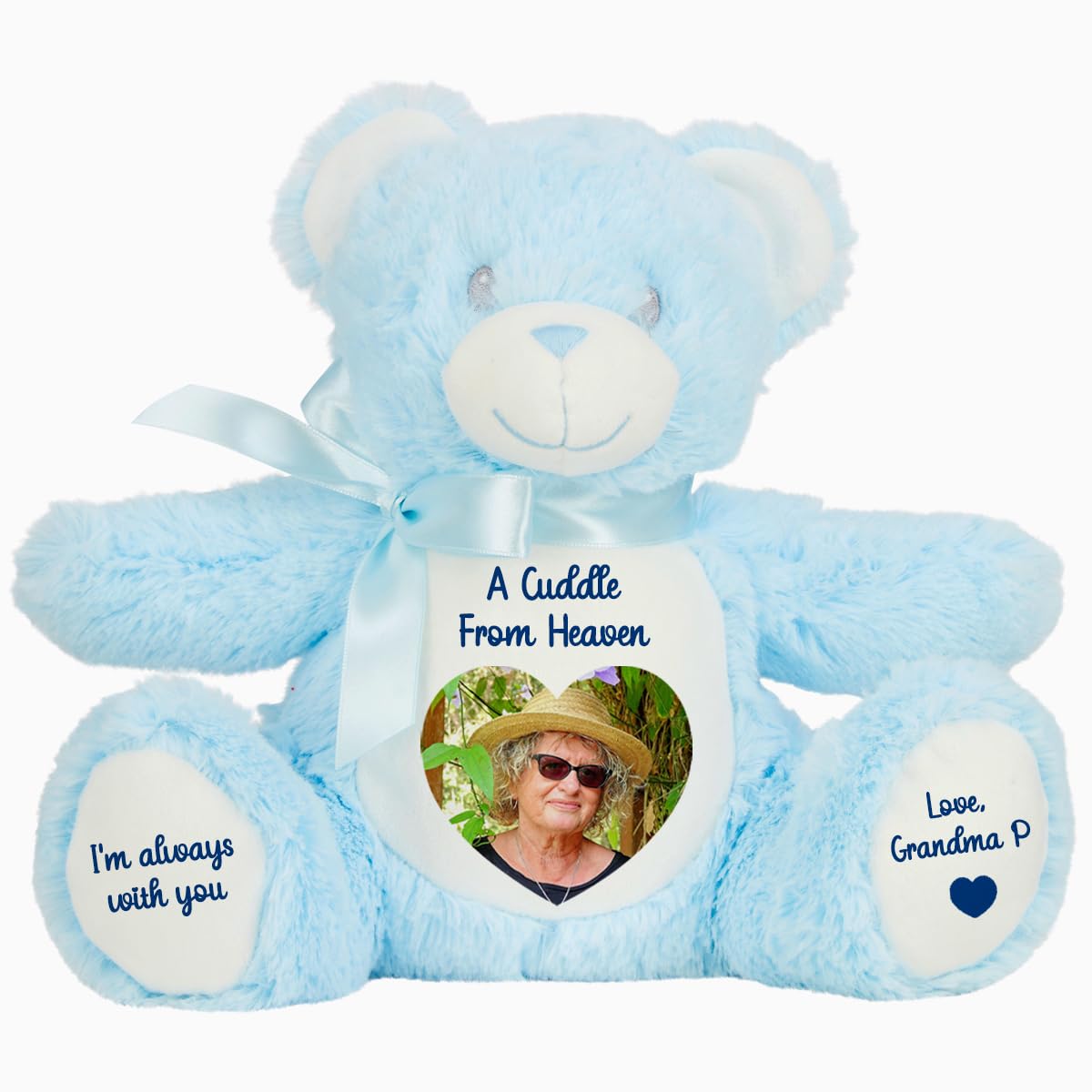 Personalised Memory Teddy Bear with Heart-Shaped Photo – “A Cuddle From Heaven” Keepsake Gift – 28 Bear Styles – Add Your Text & Choose Colour – Custom Memorial Bear (White Angel Teddy)