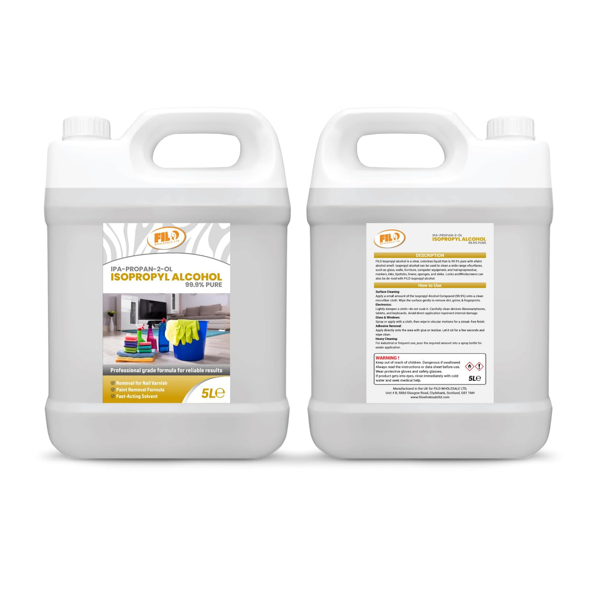 FILO Isopropyl Alcohol 99.9% Pure 1x 5L | Lab Grade IPA | Rubbing Alcohol for Cleaning and Disinfecting | Isopropanol Alcohol Solvent for Electronics, Windows, Glass, Appliances and More