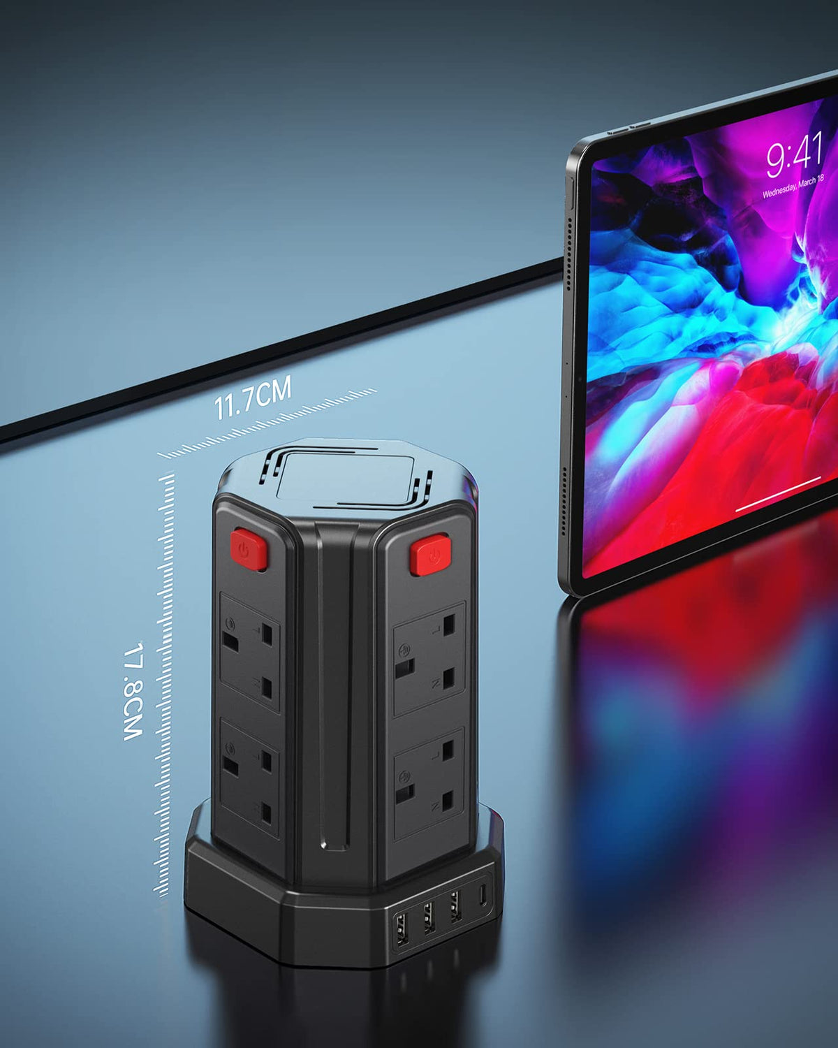 Tower Extension Lead 3M, 8 AC Outlets and 4 USB Ports Extension Tower