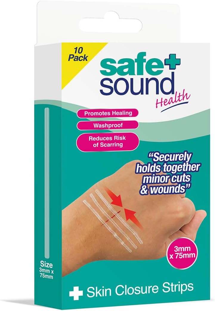 Safe & Sound Skin Closure Strips 10 Pack – Sterile Wound Closure Strips, Waterproof Adhesive Steri Strips for Minor Cuts, 3mm x 75mm