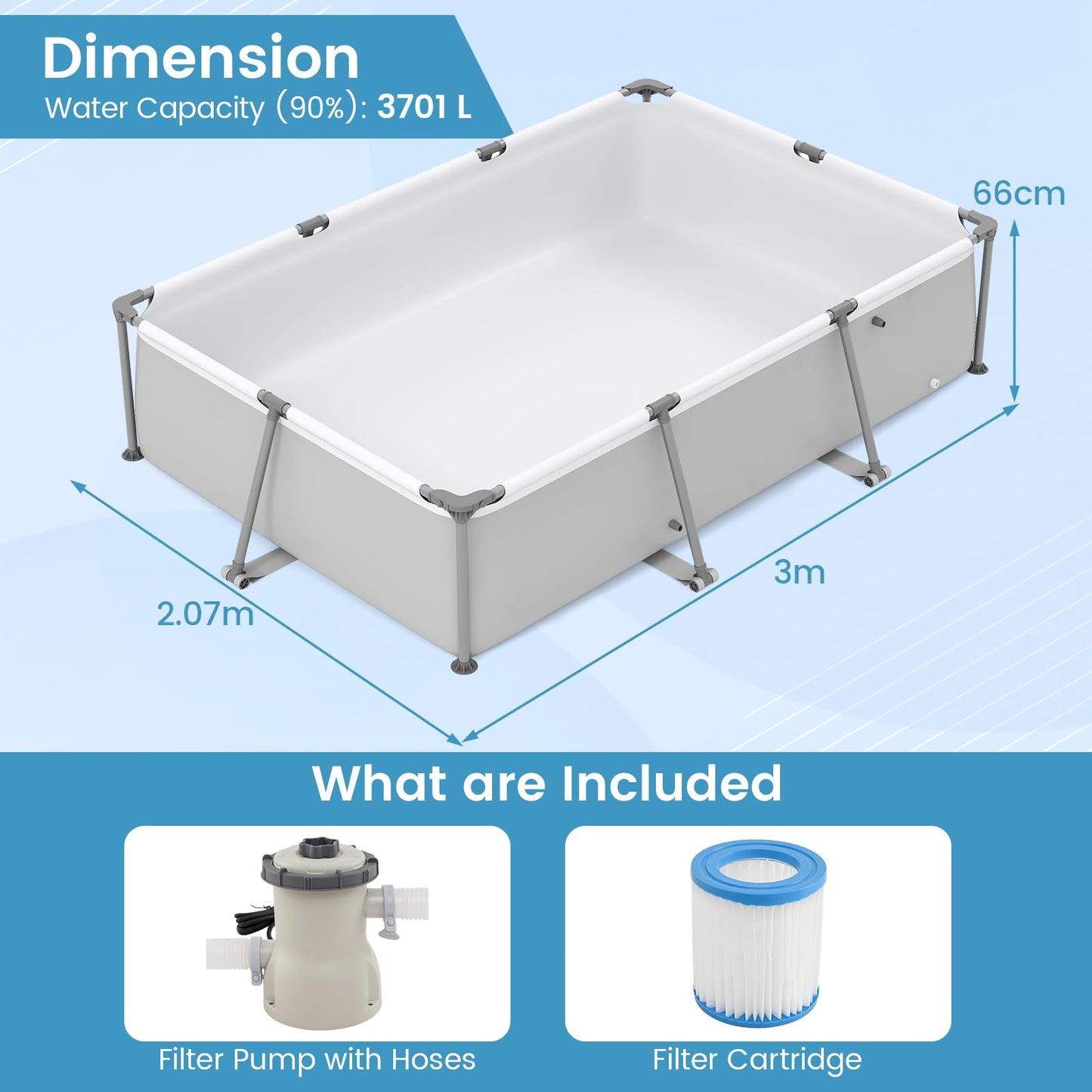 COSTWAY Above Ground Swimming Pool, Outdoor Round/Rectangular Large Framed Pool Set, Metal Frame Garden Family Pools for Kids and Adults (Gray, 300 x 207 x 66 cm, Rectangular)