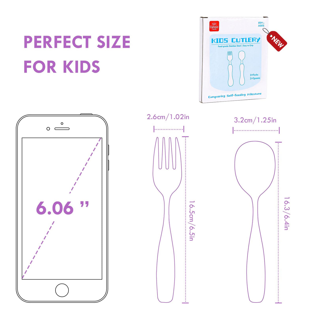Lehoo Castle Stainless Steel Toddler Cutlery Set, 6-Piece Dinosaur Design