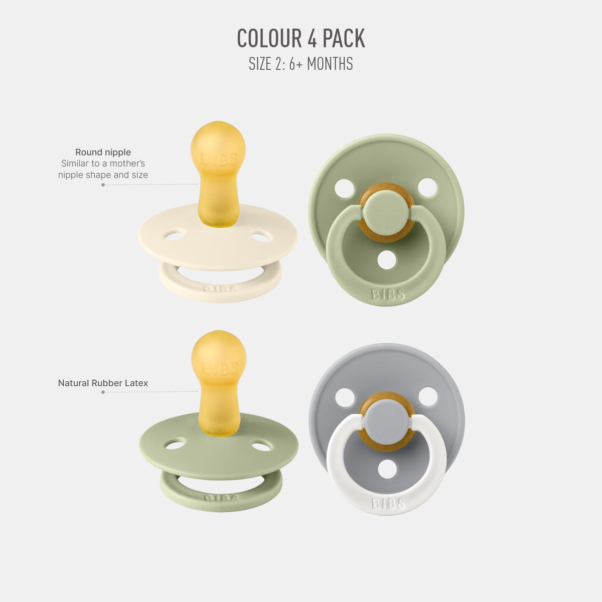 BIBS Colour Glow Dummy, 0-6 Months, 4-Pack, Ivory/Sage/Sage Glow/Cloud Glow