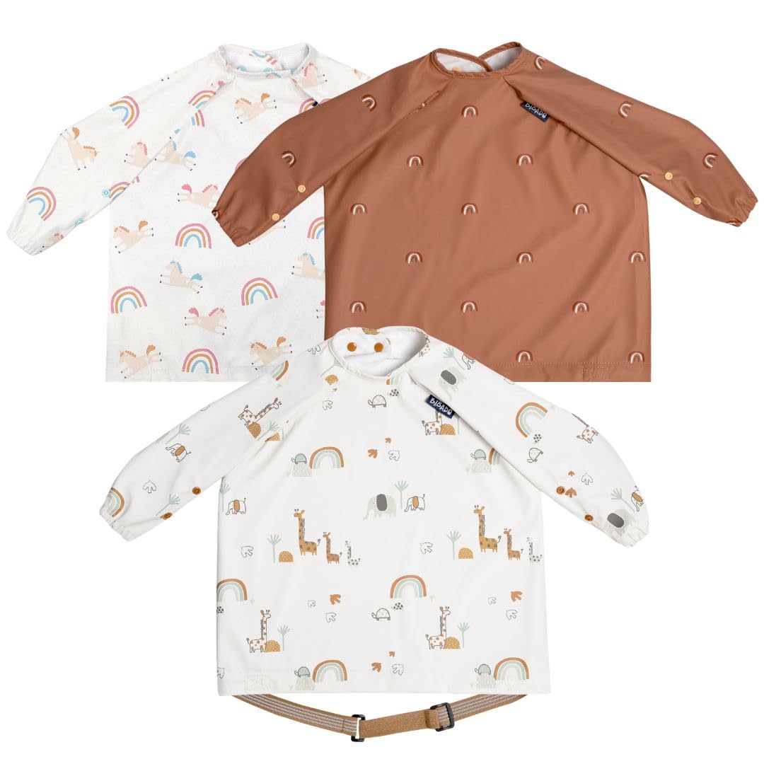 BIBaDO Long Sleeve Baby Bibs - Coverall Weaning Bib with Highchair Strap