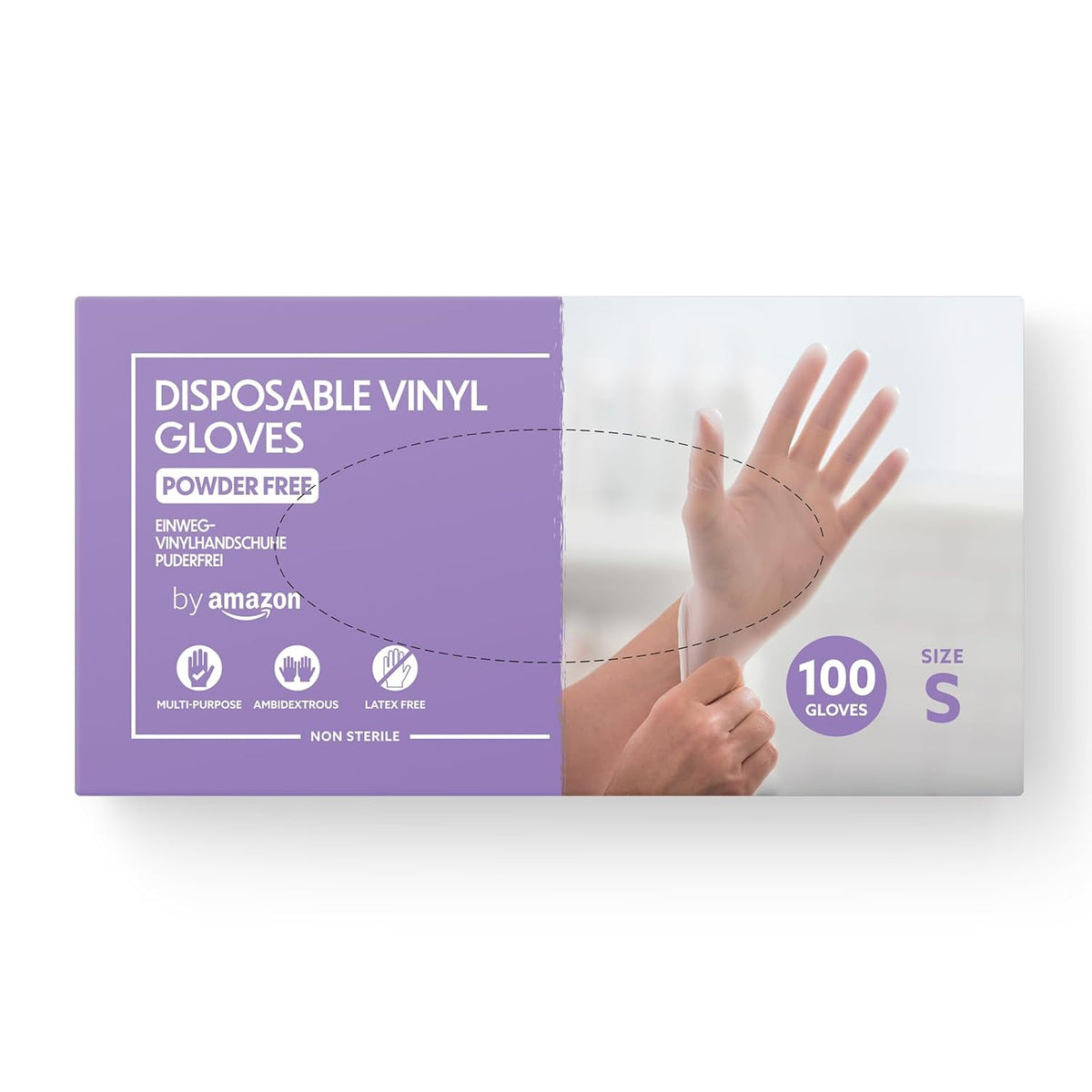 by Amazon Disposable Vinyl Gloves, Powder-free, Latex-free, Size S, Pack of 100, Transparent