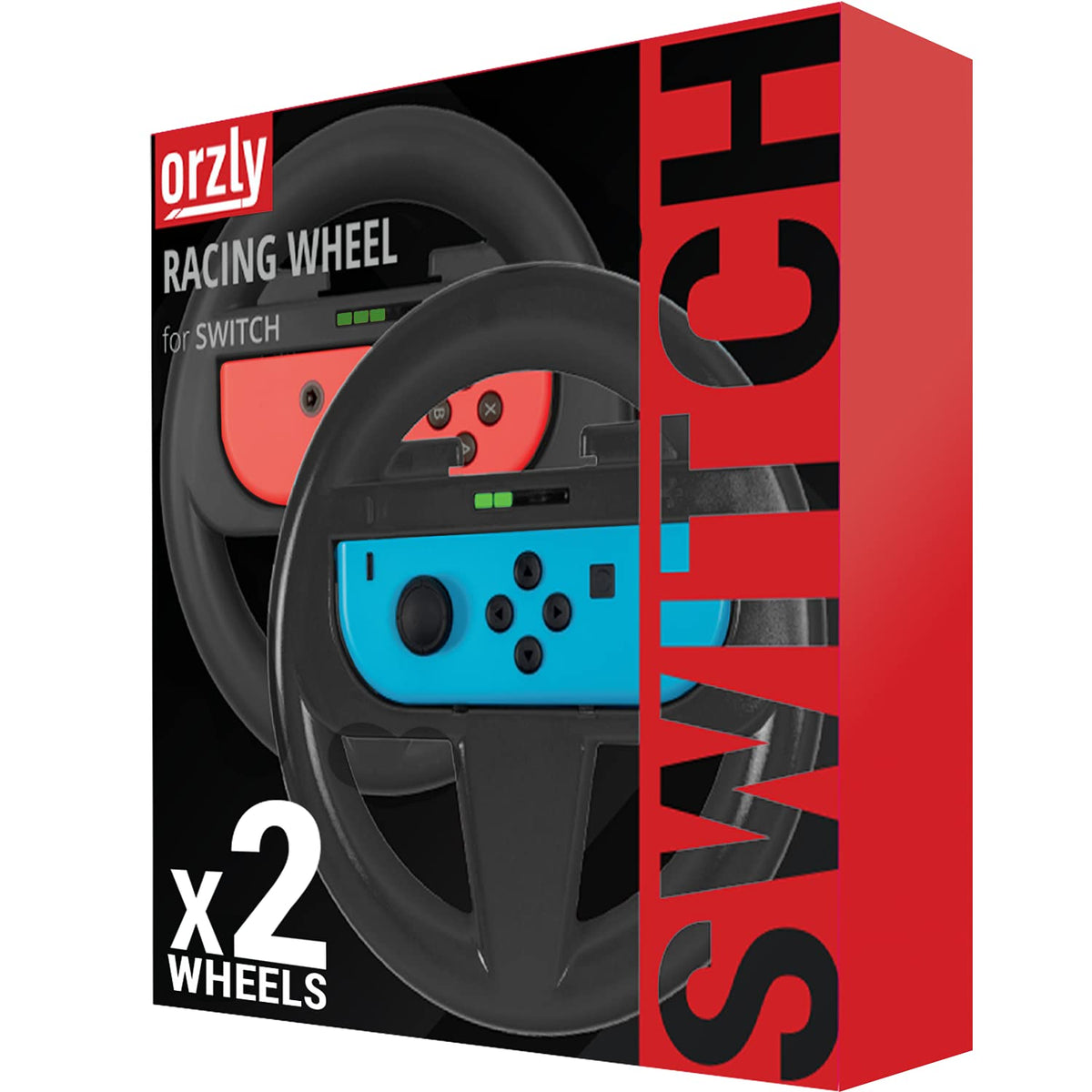 Orzly Racing Steering Wheels – Compatible with Switch 2 (2025 Console) – Party Pack of 4 Joy-Con Controller Attachments for Racing Games (2 Black, 1 Blue, 1 Red)