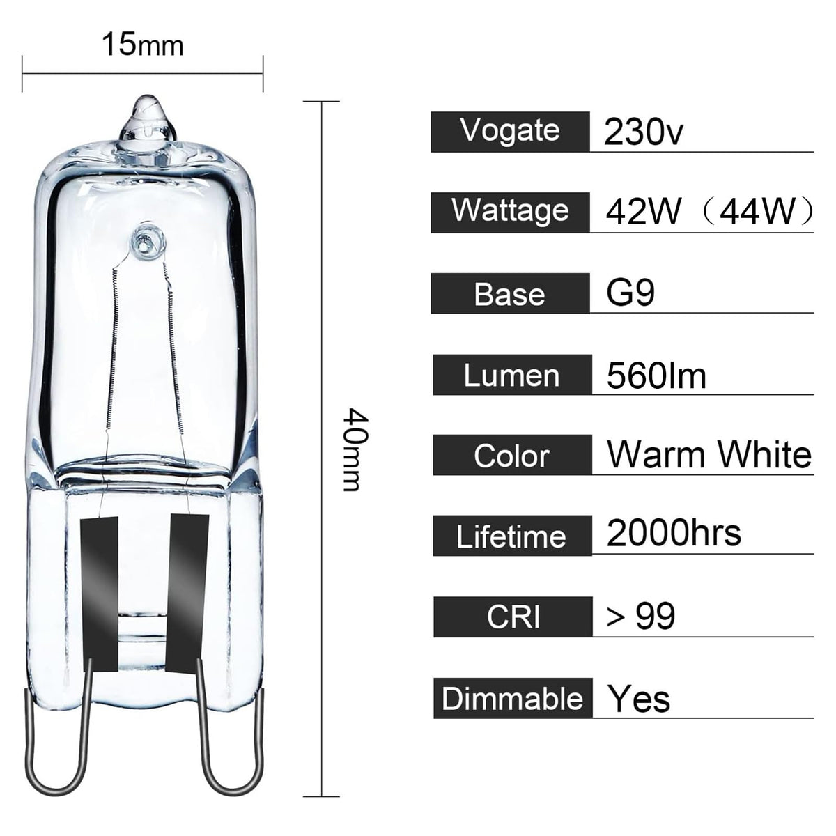 5Pack G9 Halogen Bulbs 230V 33W (34W) 2800K Warm White 450lm Clear G9 Capsule Bulb Dimmable