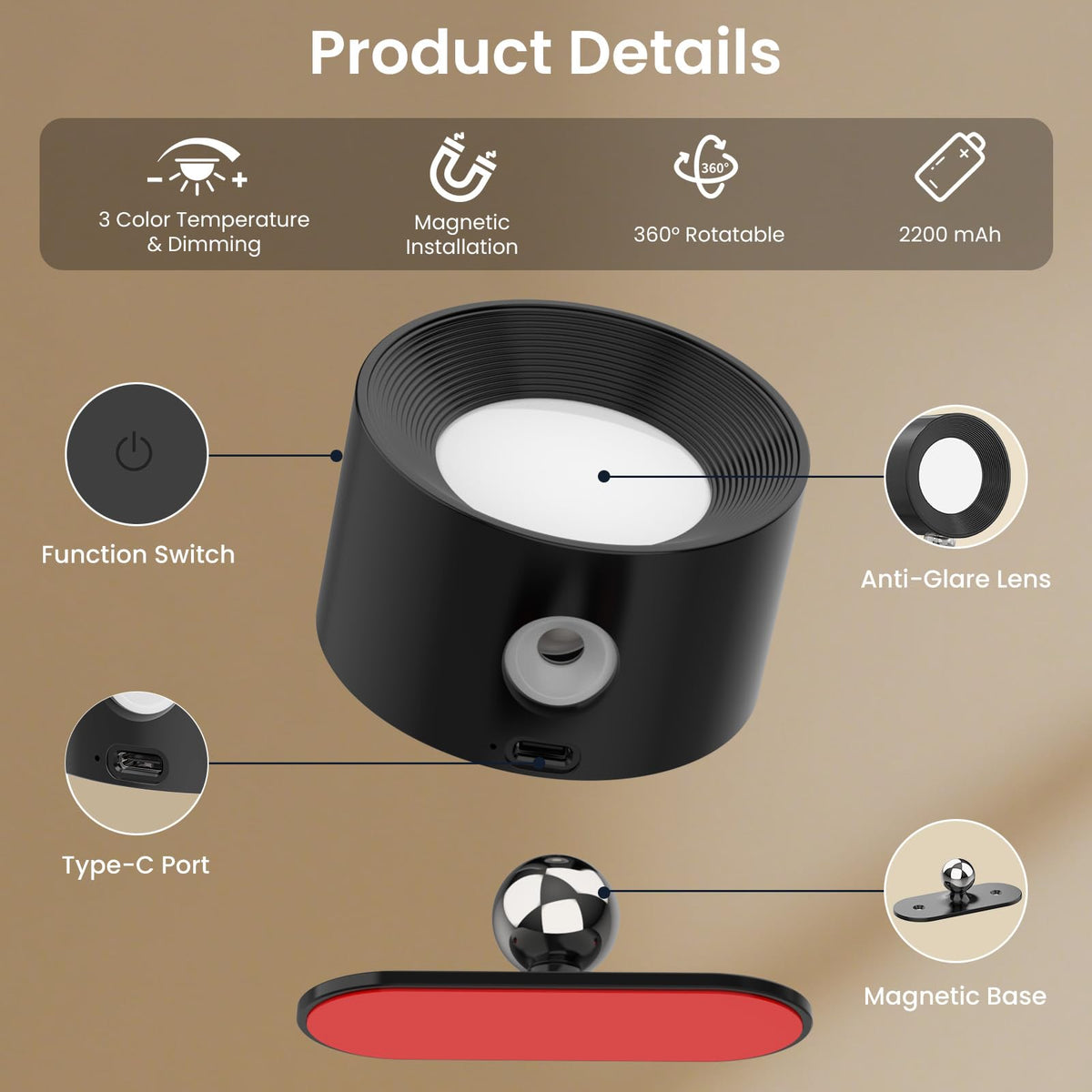 Coollamp LED Battery Operated Wall Lights, 3Pack Wall Lamp with Remote Control 3 Color Modes 3 Brightness Levels 360°Rotate Magnetic, Reading Lights for Living Room Bedroom Black