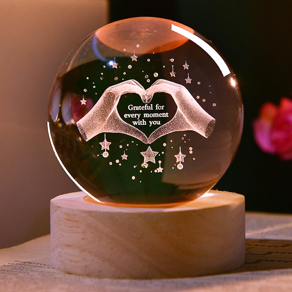 3D Fairy Crystal Ball 60mm Glass Fairy with Flower Night Light Gifts for Girl Women with Light Base