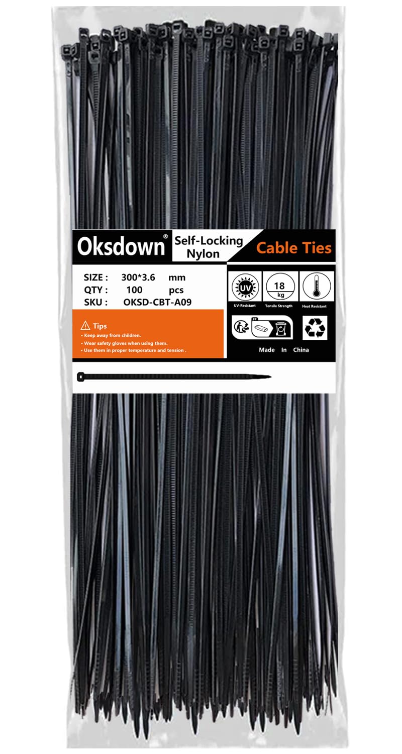 100 Pack Yellow Plastic Cable Ties 300mm×3.6mm Heavy Duty Strong Nylon Premium Self Locking 12 inch/30 cm Long Zip Tie Wraps
