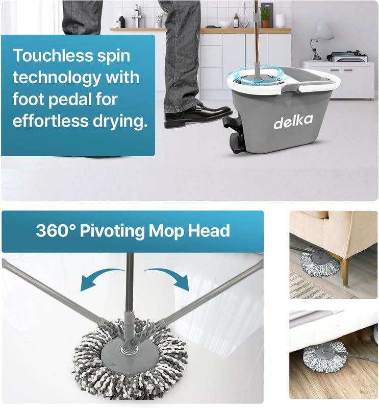 delka Spin Mop and Bucket Set – Easy Foot Pedal Water Removal, 360° Swivel Motion, Includes 2 Microfibre Mop Heads, All-Surface Cleaning, Splash Guard for Clean Mopping (Spin Mop Grey and White)