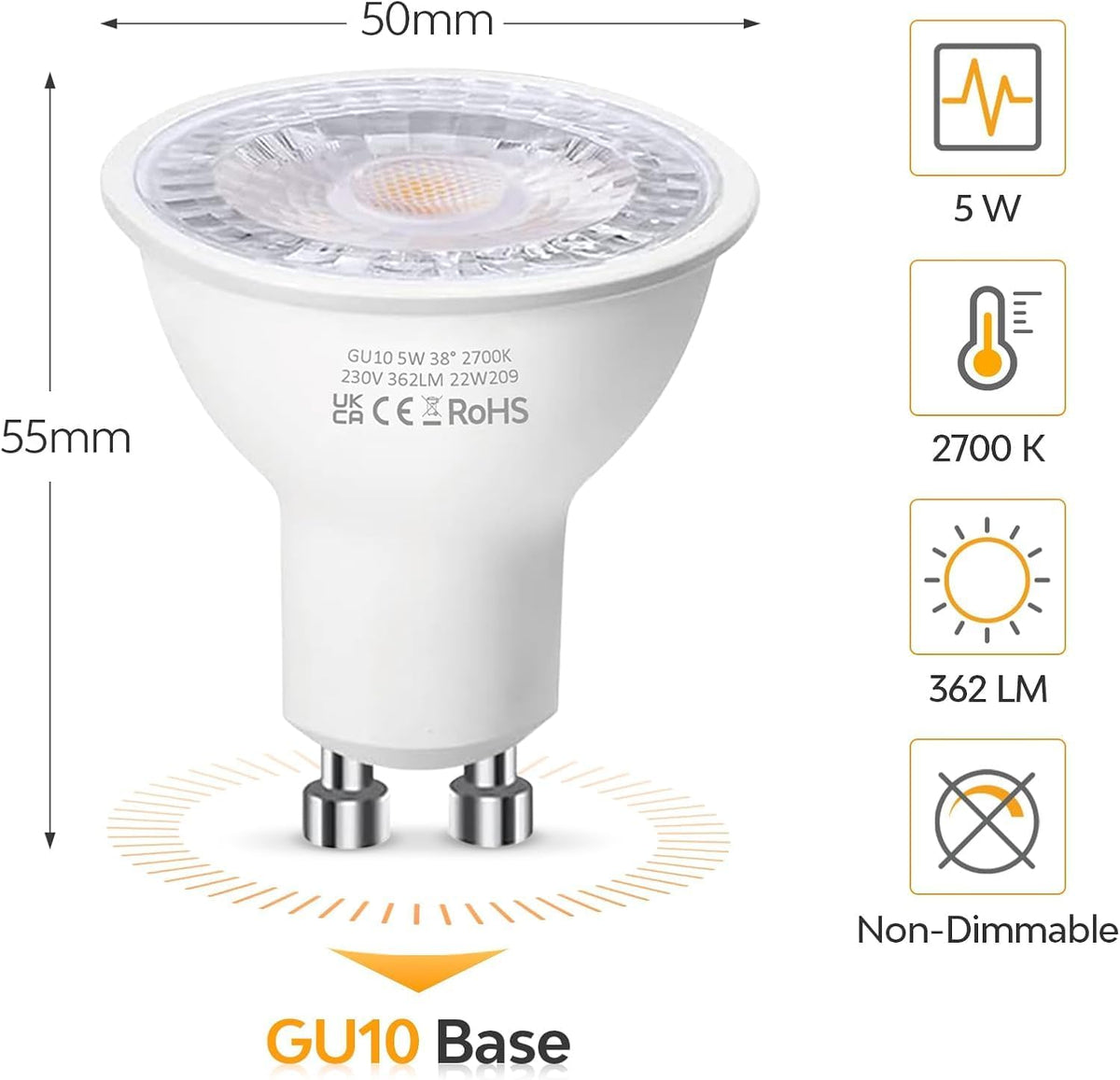 Levidon GU10 LED Bulbs, Warm White 2700K, 5W LED GU10 Spotlight Bulb, 50W Halogen Spotlight Bulbs, 220-240V 362LM 38 Degree Narrow Beam Angle Energy Saving Non-dimmable Pack of 10