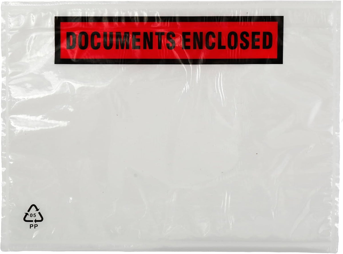 100 x A5 Printed Document Wallets (225 x 165mm), Waterproof A5 Plastic Wallets Printed with Documents Enclosed for Invoices, Labels, Delivery Notes and Packing Lists