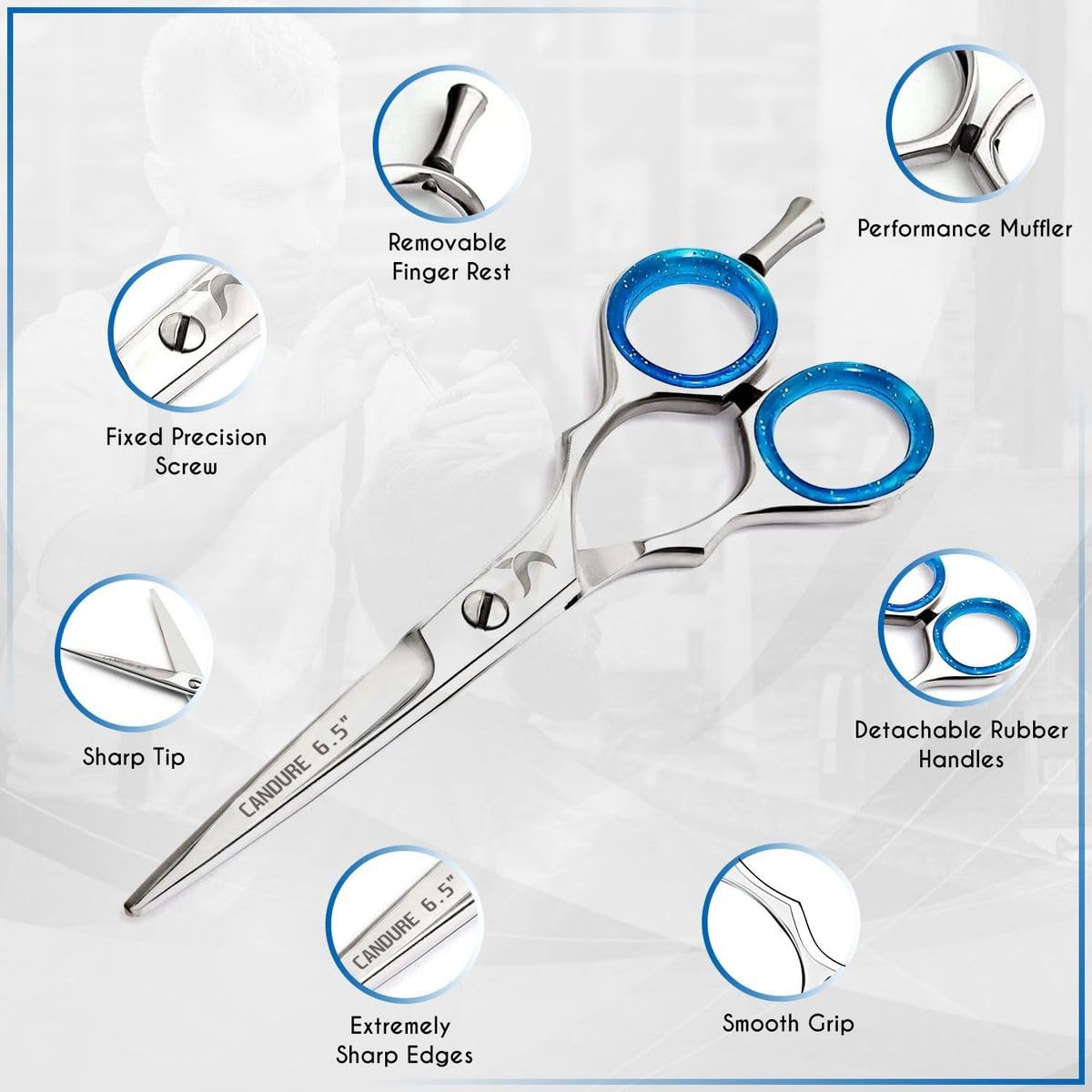 Candure Hairdressing Scissor with Comb & Leather Pouch 6.5" - Hair Scissor for Professional Hairdressers, Barbers Stainless Steel Hair Cutting Shears for Salon, Men, Women, Children and Adults Black