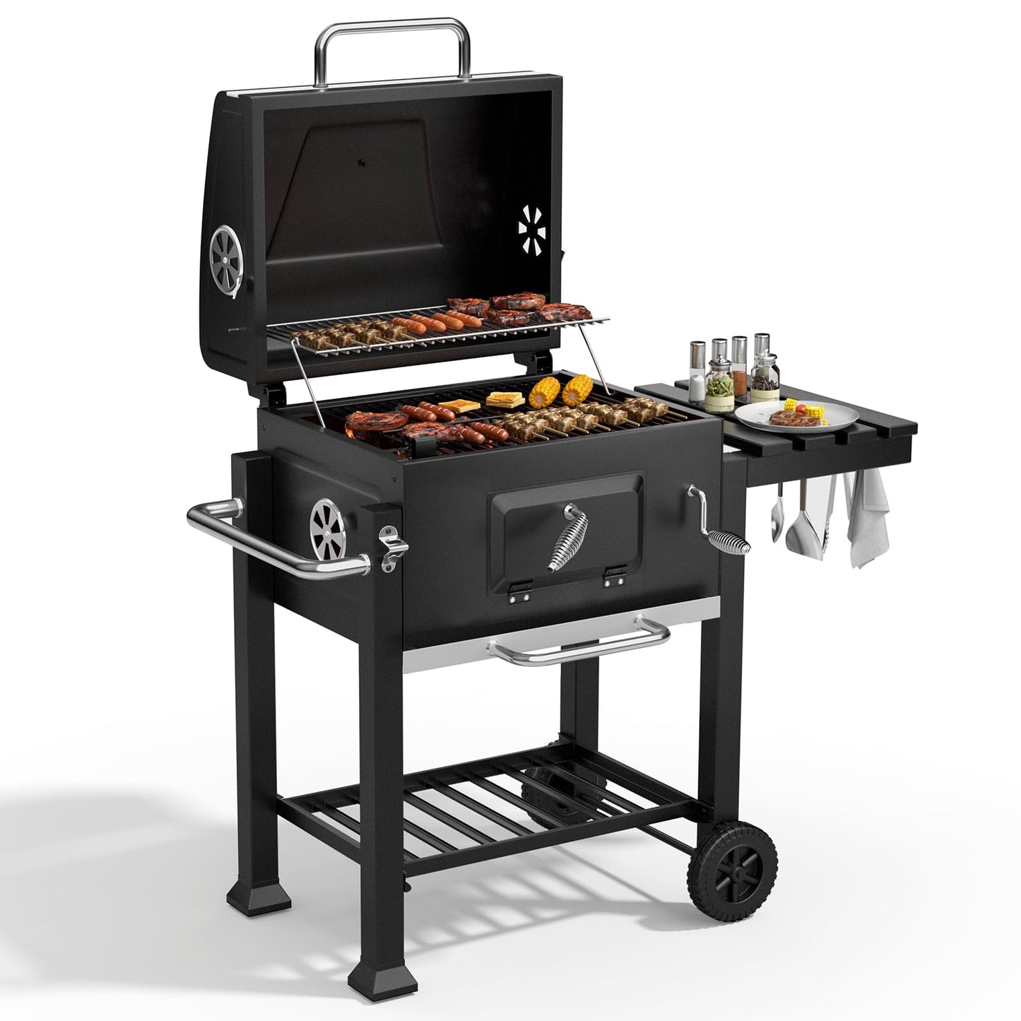 XXXL Smoker Charcoal BBQ, Portable Barbecue Grill with Wheel & 2 Folding Table, Thermometer & Adjustable Charcoal Pan, Large Outdoor BBQ Grill Smoker for Patio Home Garden Cooking