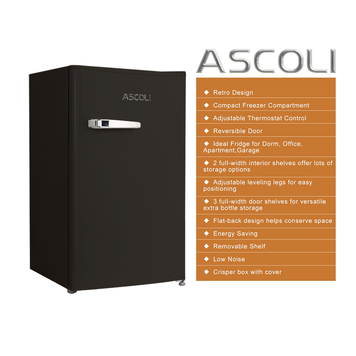 Retro Mini Fridge 85L, Compact Refrigerator, Under Counter Fridge, Direct Cooling, Super Quiet, Adjustable Racks, Metal Handle, Mechanical Control, Led Light
