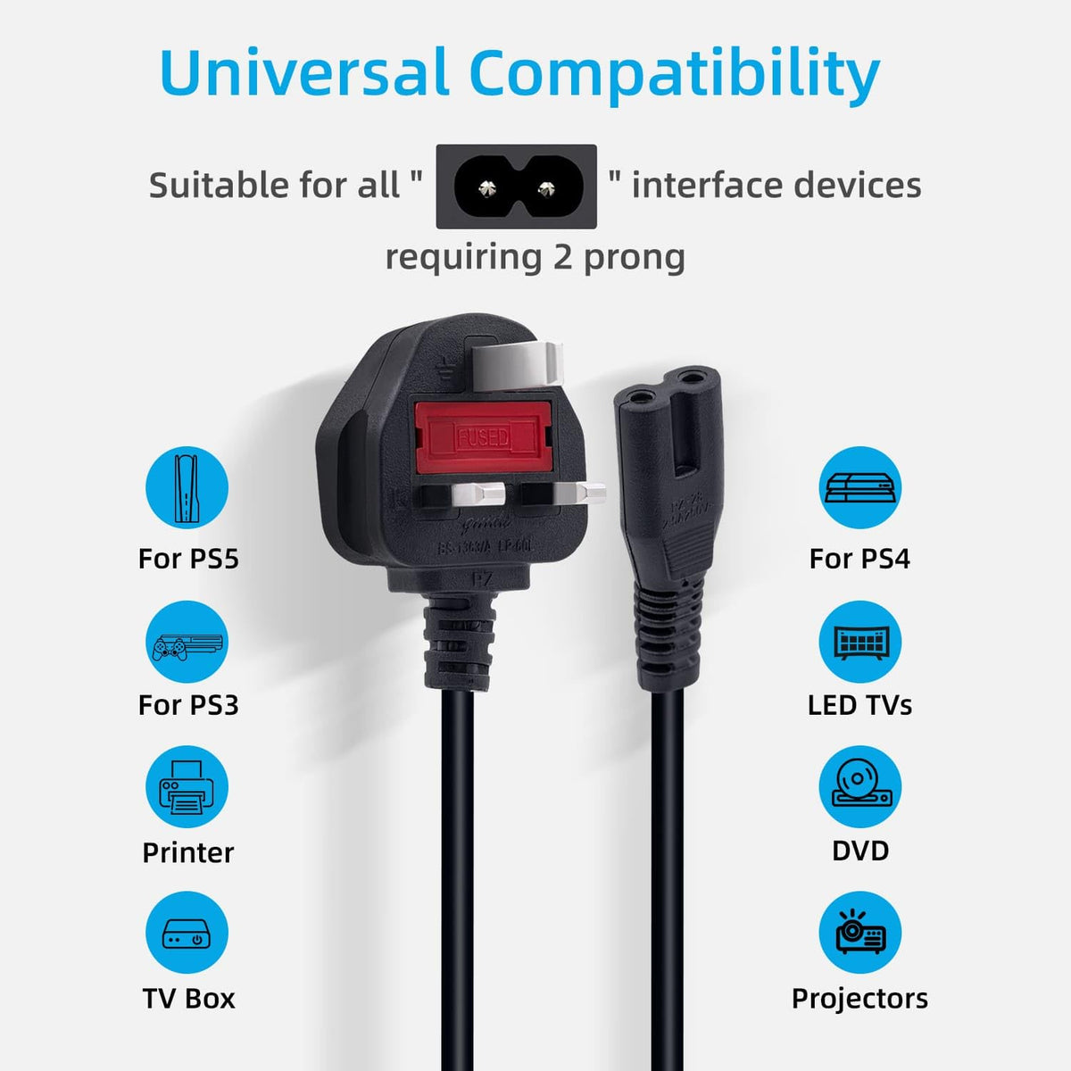 Mcbazel 3M UK Power Cable (IEC320C7 to BS 1363) C7 Figure 8 Power Lead,PS4 Power Cable,Kettle Lead/Power Cord compatible with Samsung LG Philips Toshiba TV/Printer/PS4/PS3/PS5