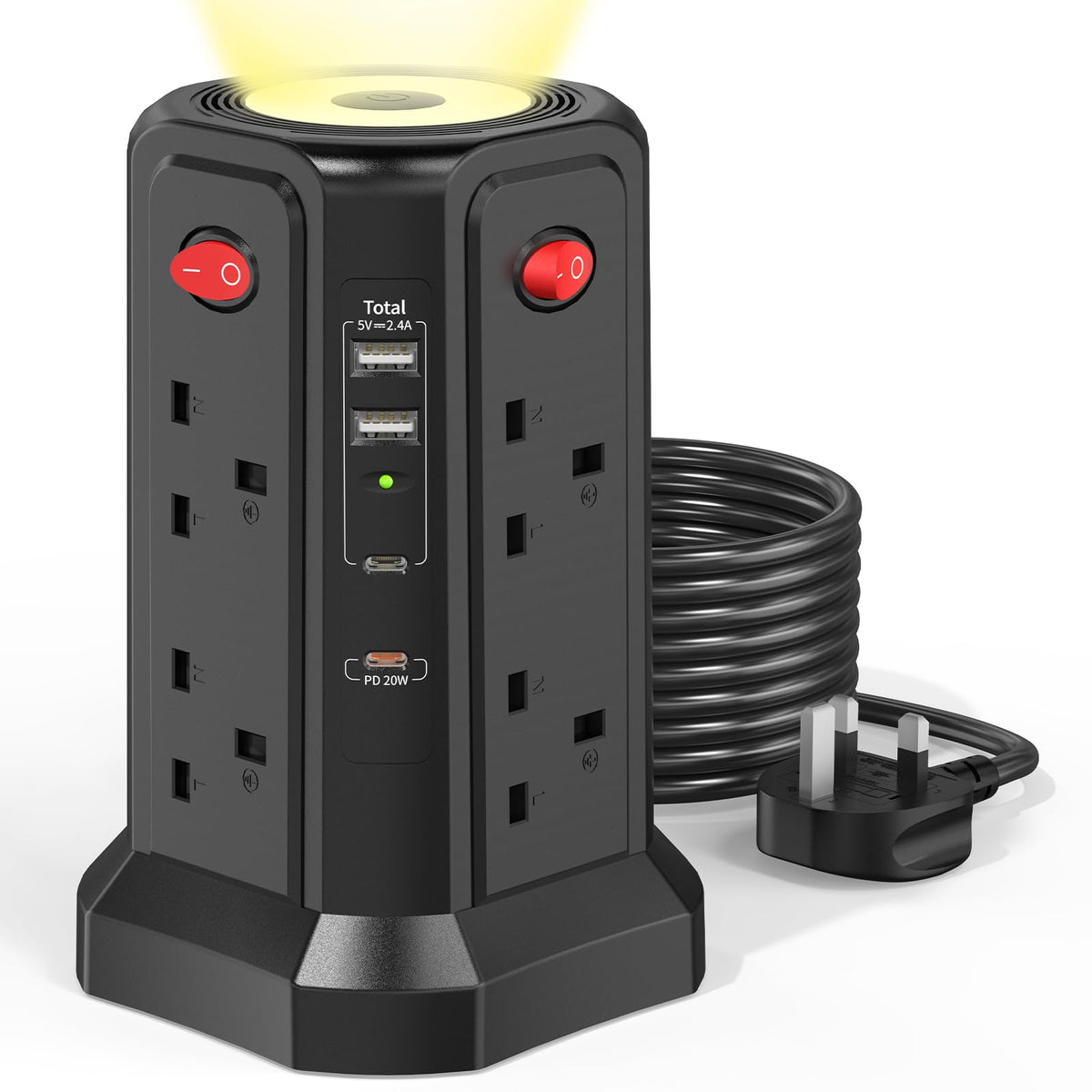HAFINO Tower Extension Lead 3M with USB Slots and Night Light, 4 Switches