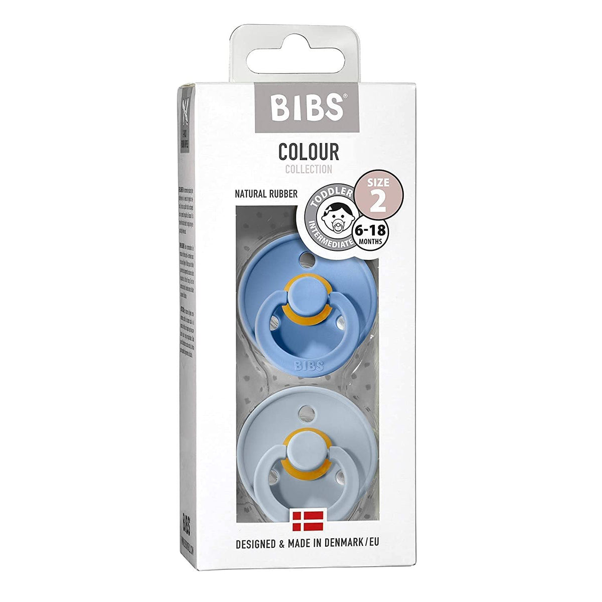 BIBS Colour Soother 2-Pack, BPA Free Dummy Pacifier, Round Nipple. Natural Rubber Latex, Made in Denmark, Size 2 (6-18 Months), Baby Blue