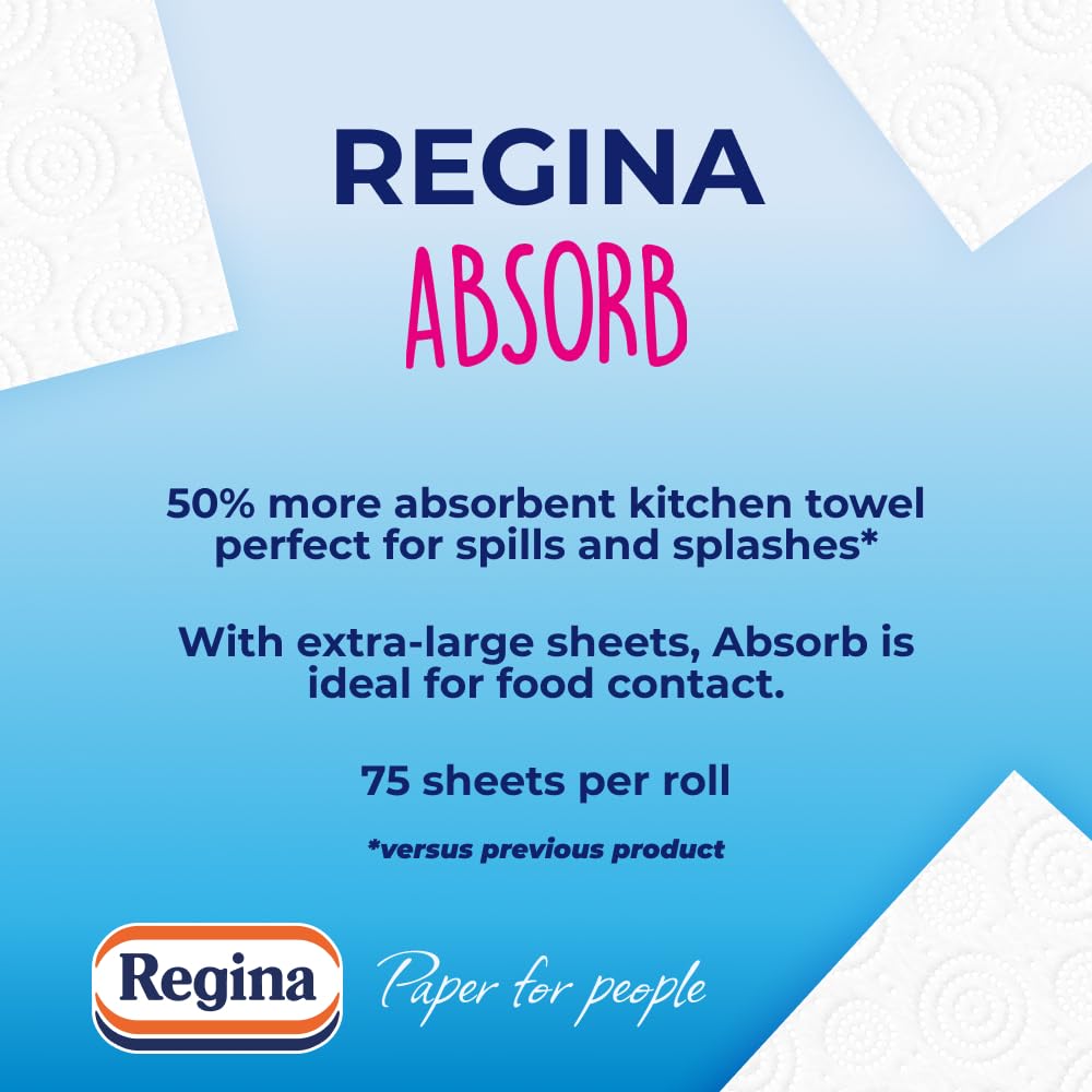 Regina Absorb Plus Kitchen Towels – 8 Super Absorbent 2-ply Kitchen Rolls, 85 Sheets Per Roll, Extra-Large Sheets, 50 Percent More Absorbent Than Previous XXL Products, Easy Open Pack