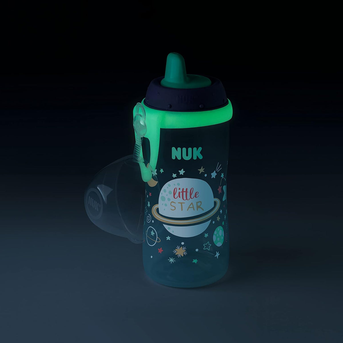 NUK Kiddy Cup Night Toddler Cup | 12+ Months | 300 ml | Leak-Proof Toughened Spout | Glow in the Dark | Clip & Protective Cap | BPA-Free | Blue